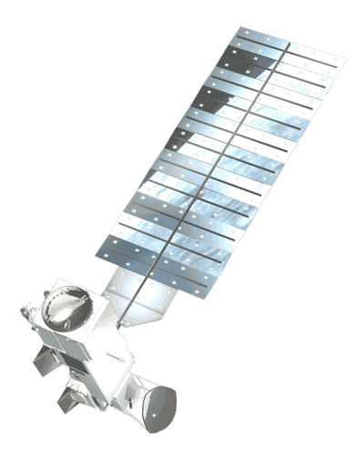 Animierte Weltraum-Szene mit Satellit aus der Scroll-Story von Winkelmann Flowforming