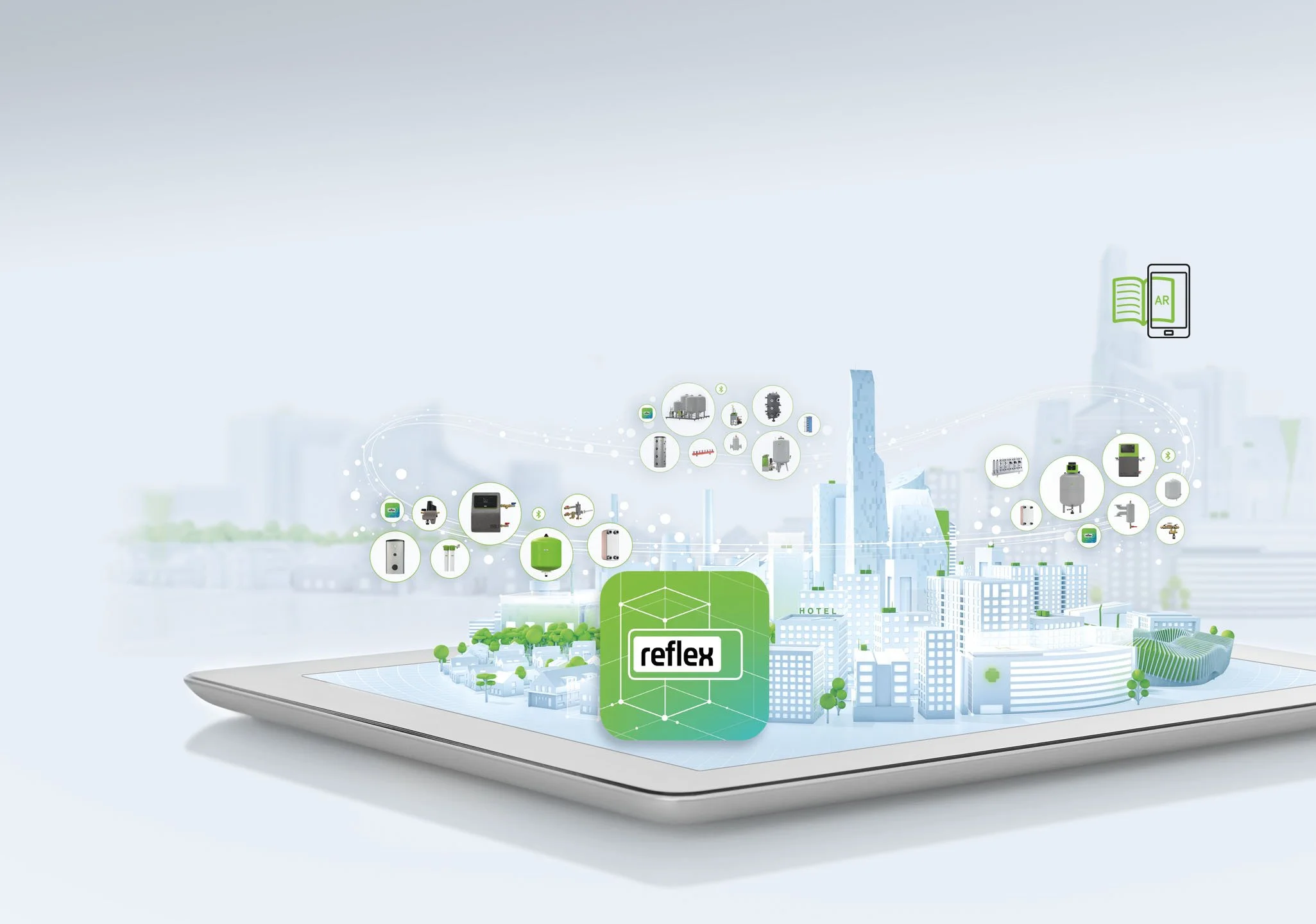 Reflex Smart City App Keyvisual – moderne, vernetzte Stadt mit Fokus auf Nachhaltigkeit und smarte Lösungen.