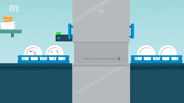 Illustration aus dem MEIKO Erklärvideo zeigt ergonomische Herausforderungen in der Großküche