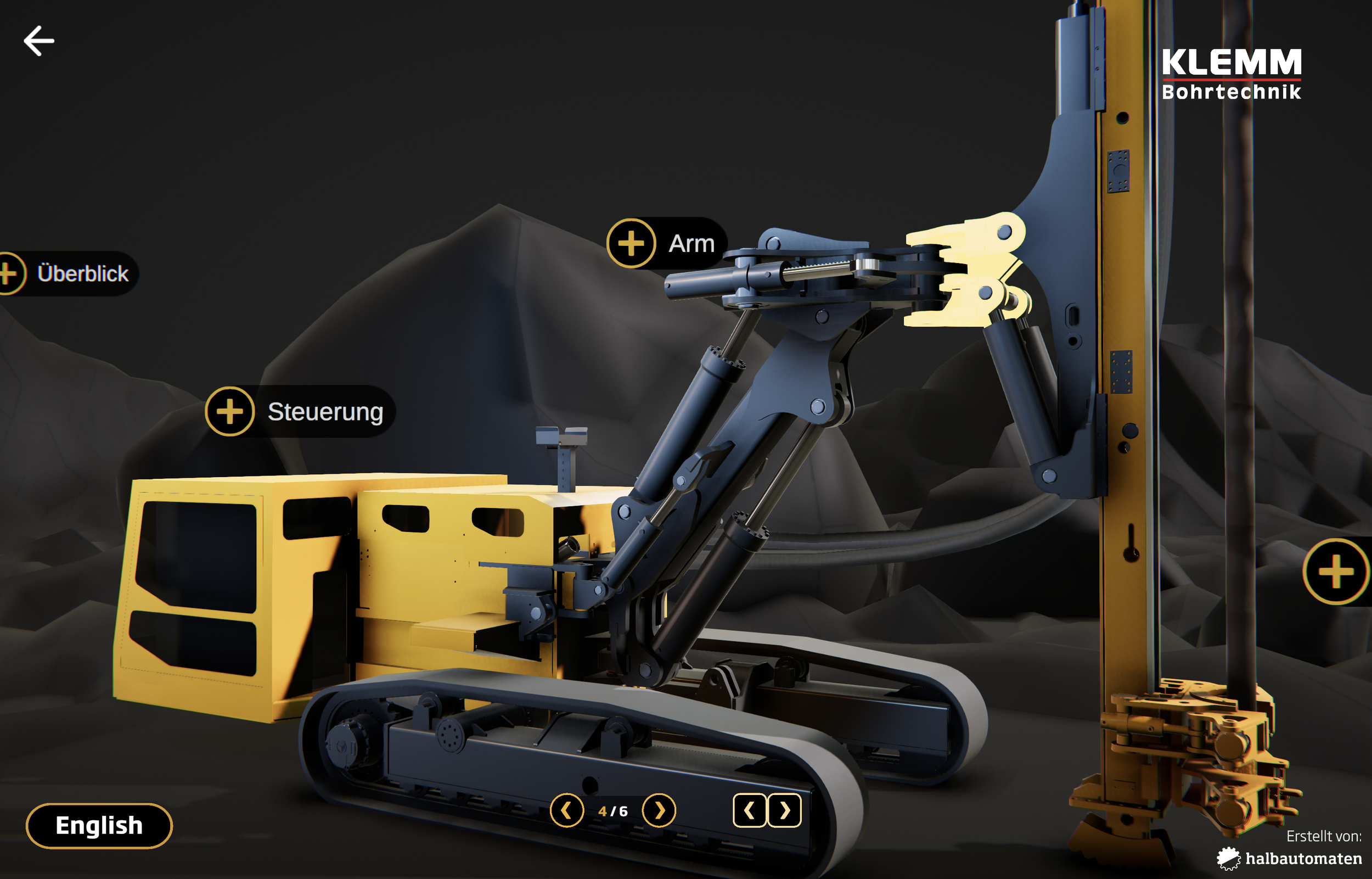 Interaktive 3D-Darstellung eines Klemm Ankerbohrgeräts mit anklickbaren Hotspots für Arm und Steuerung – WebGL-Anwendung von halbautomaten