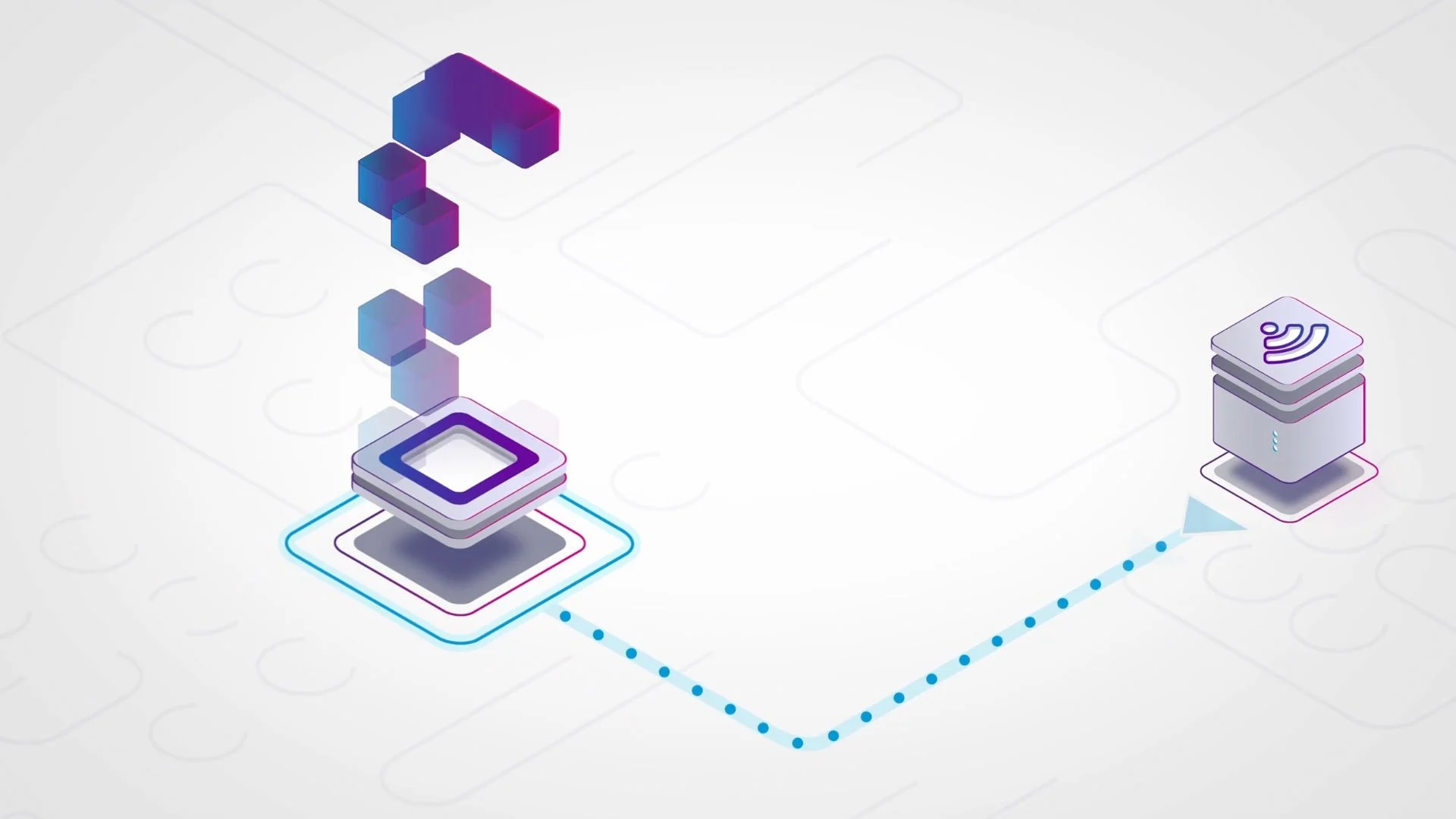 2D-Animation für Bosch: Blockchain-Datenblöcke werden isometrisch dargestellt und über das Peer-to-Peer-Netzwerk an einen Empfängerknoten übertragen