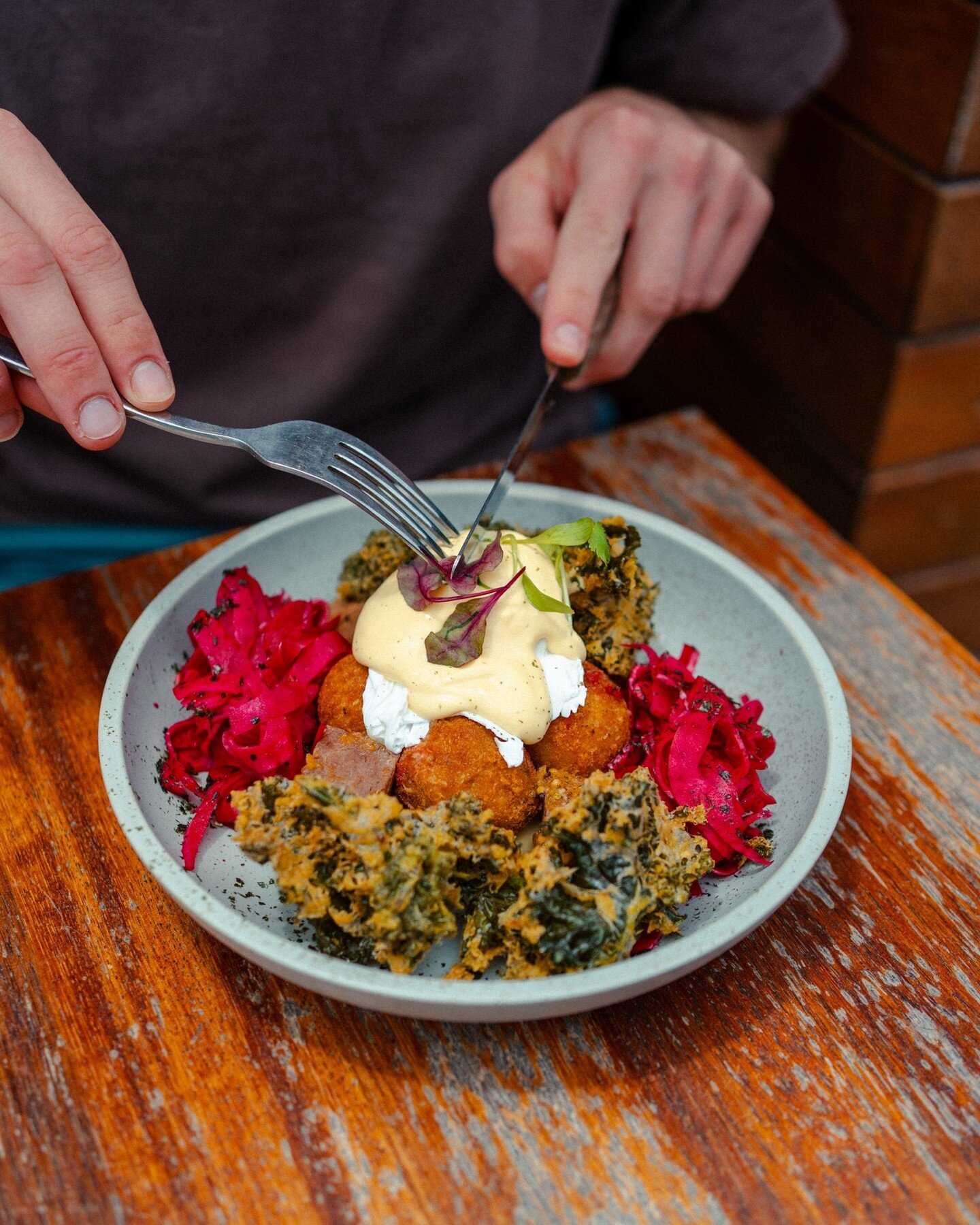 One of our all-time favourites: The Nori Croquettes! 😍⁠
⁠
Korokke potato croquettes served with slow cook pulled corned beef, nori hollandaise, poached egg, tempura kale and pickled cucumber. Simply amazing! 🤤