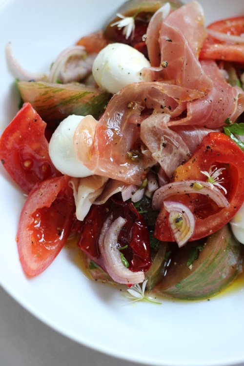 Summer Salad: Buffalo Mozzarella, Parma Ham, Tomato & Shallot with Honey-Lemon Dressing