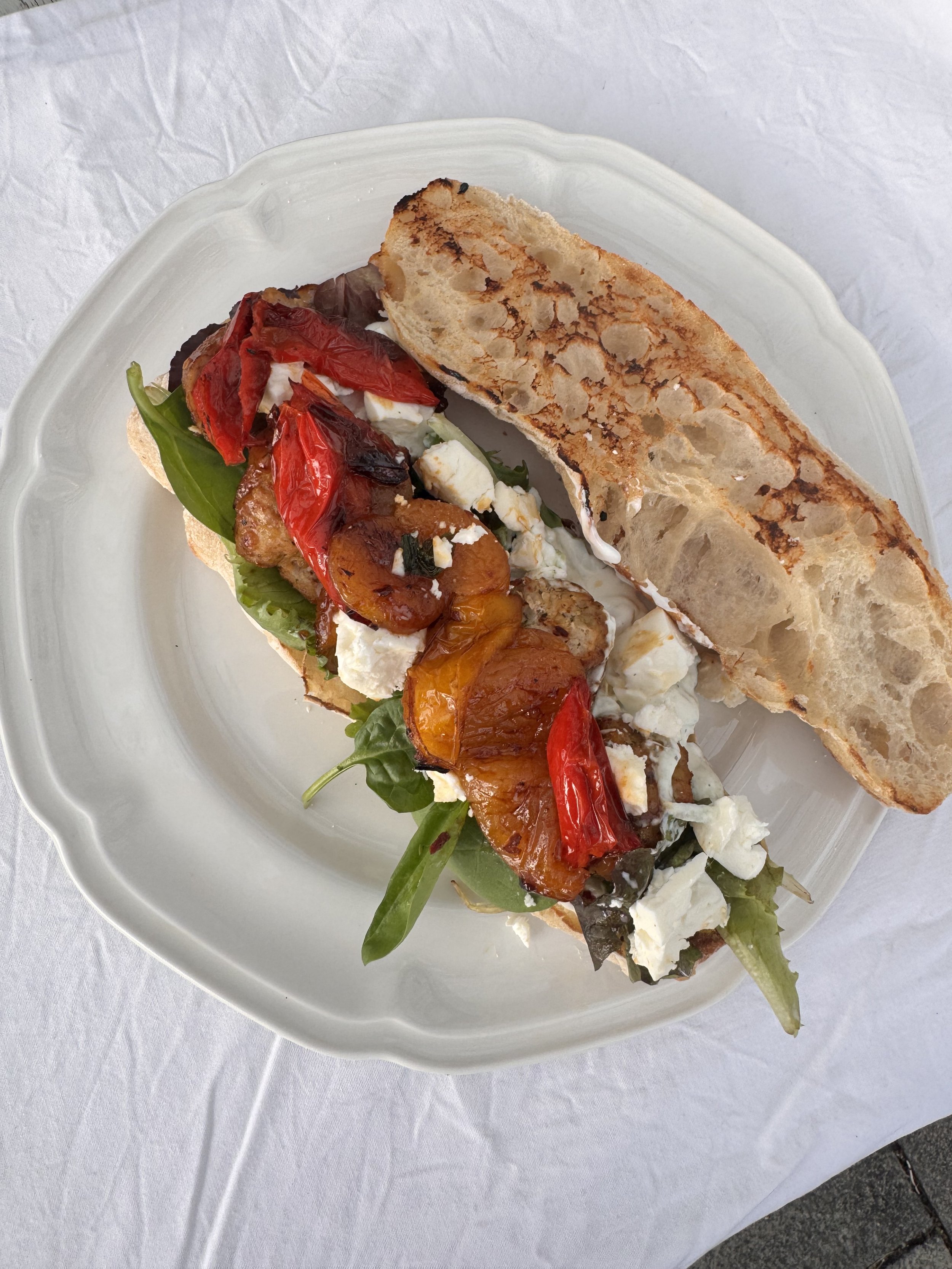 A Colourful Plate: Chilli Mango Chicken Meatballs, Feta, Sticky Apricots & Peppers, Tzatziki & Ciabatta — An Epic Open Sandwich