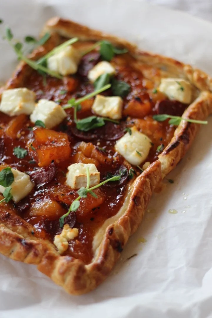 Crisp Puff Pastry with Chorizo, Creamy Goat’s Cheese &amp; Spicy Mango Chutney