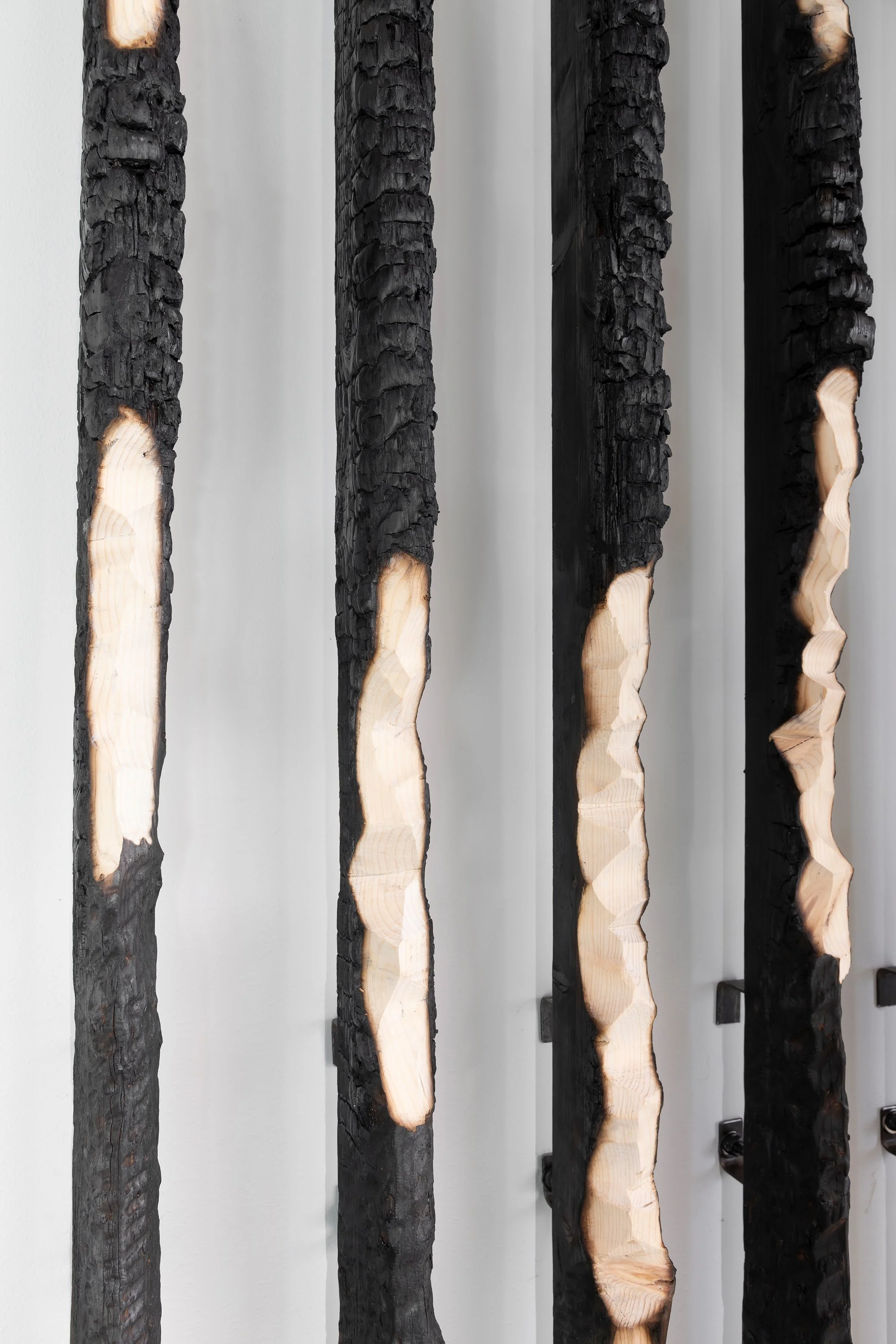 Vertical wooden logs with blackened bark and light, natural-colored interior wood exposed in irregular sections, mounted against a white wall.