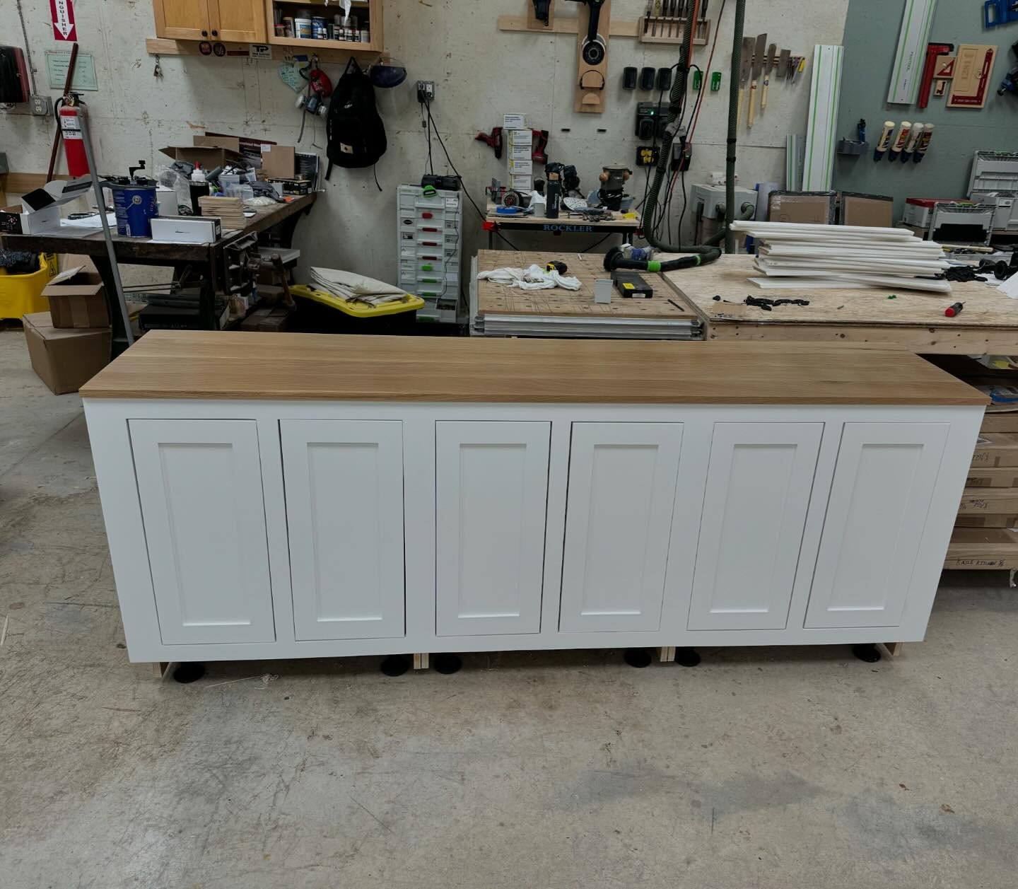 This is part of a bigger build. Doors will be adjusted to have a consistent reveal during install. White Oak top.  #woodworking #cabinetry #cabinets #customcabinetshop #mainewoodworker
