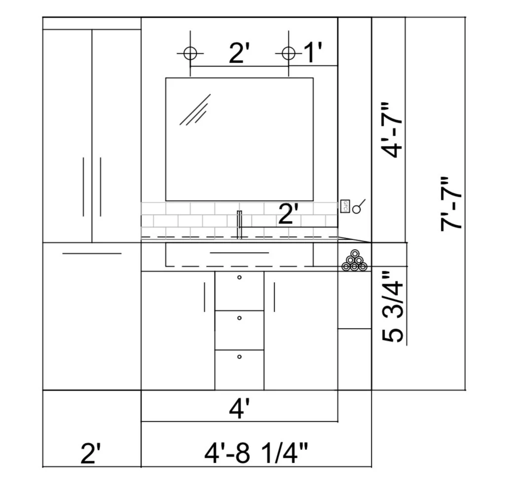 Design elevation drawing of bathroom vanity with mirror and tile backsplash, New York style ensuite,