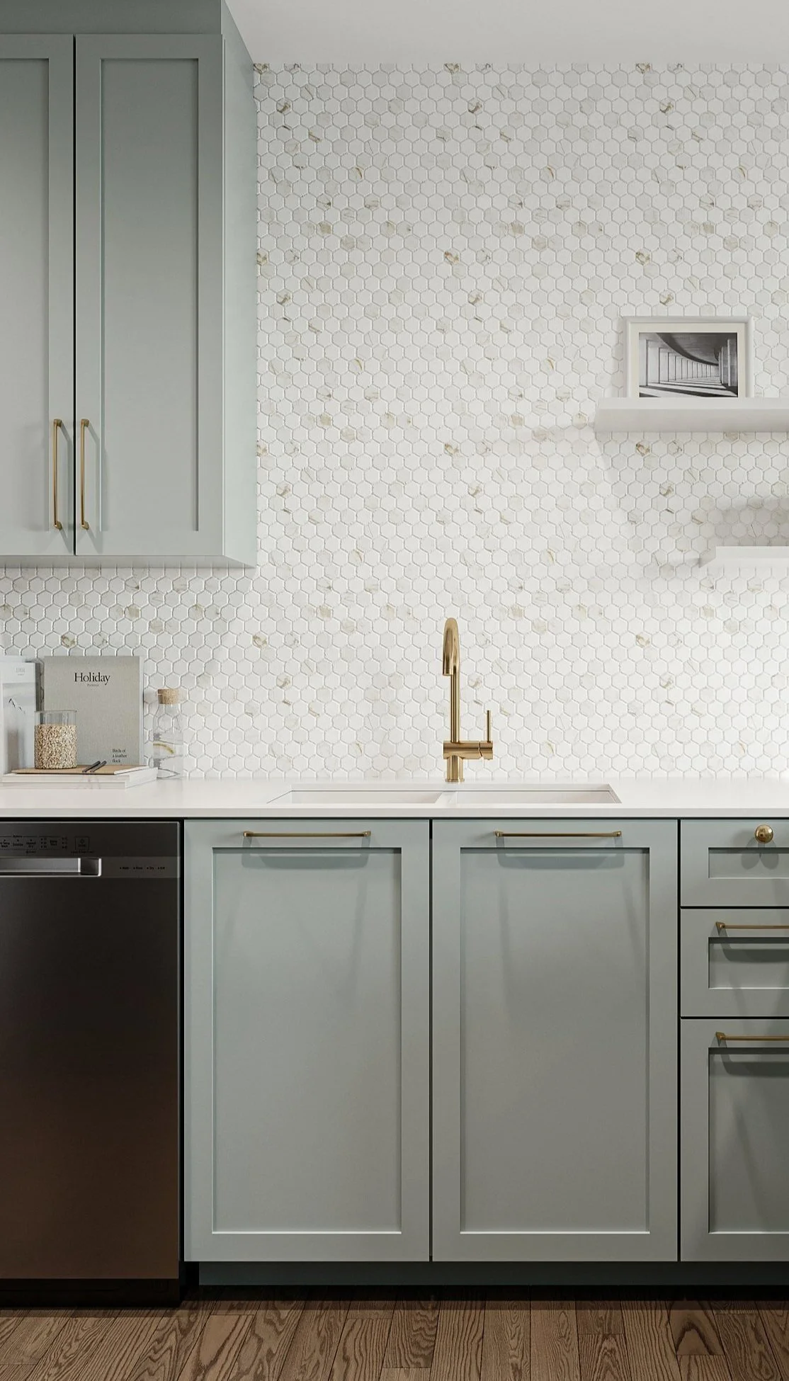 Close-up of sage green shaker cabinet doors and marble hexagon backsplash detail, farmhouse kitchen NDG Montreal