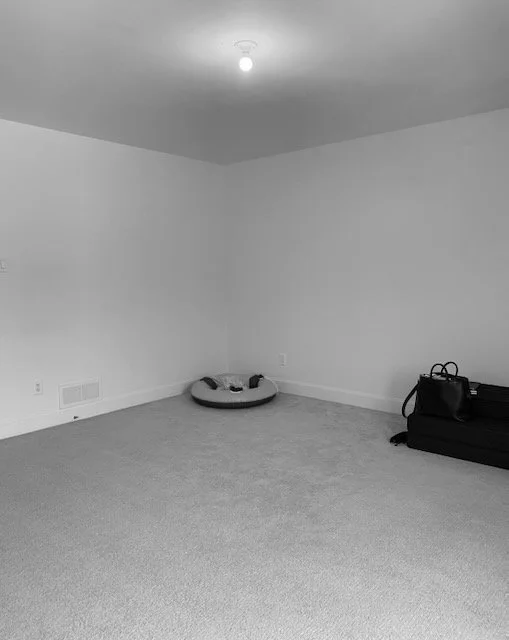 Empty room before renovation for sophisticated concrete home office design, Île-des-Sœurs Montreal, ABtelier Design