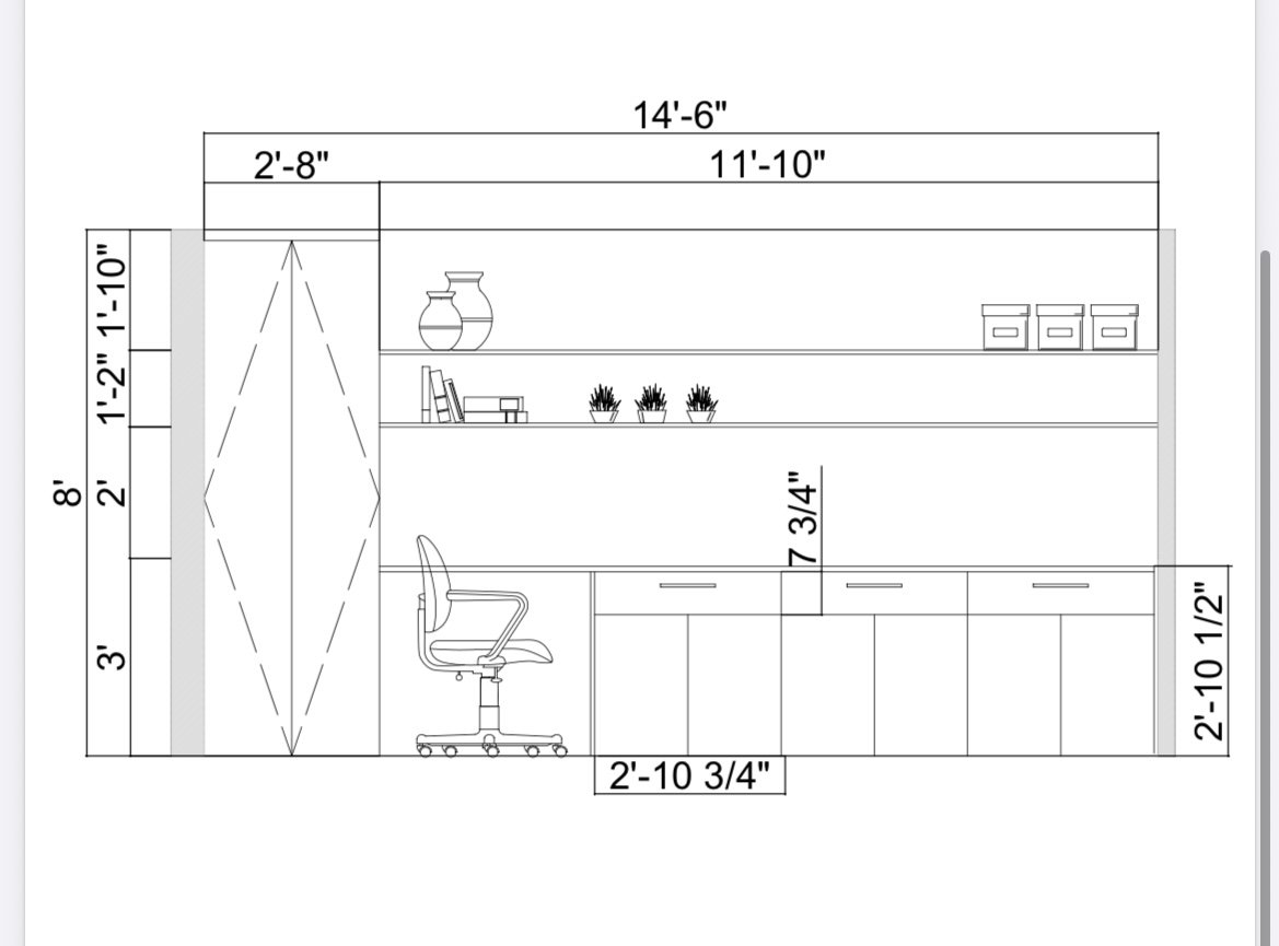 Design elevation drawing of built-in desk and shelving for sophisticated concrete home office, Île-des-Sœurs Montreal, ABtelier Design