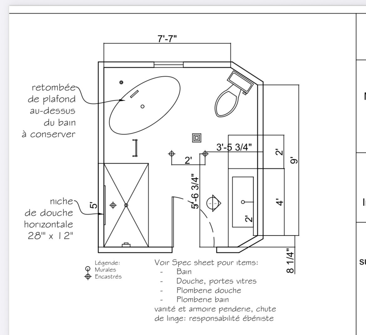 Floor plan layout for New York style ensuite with freestanding tub, walk-in shower and vanity,