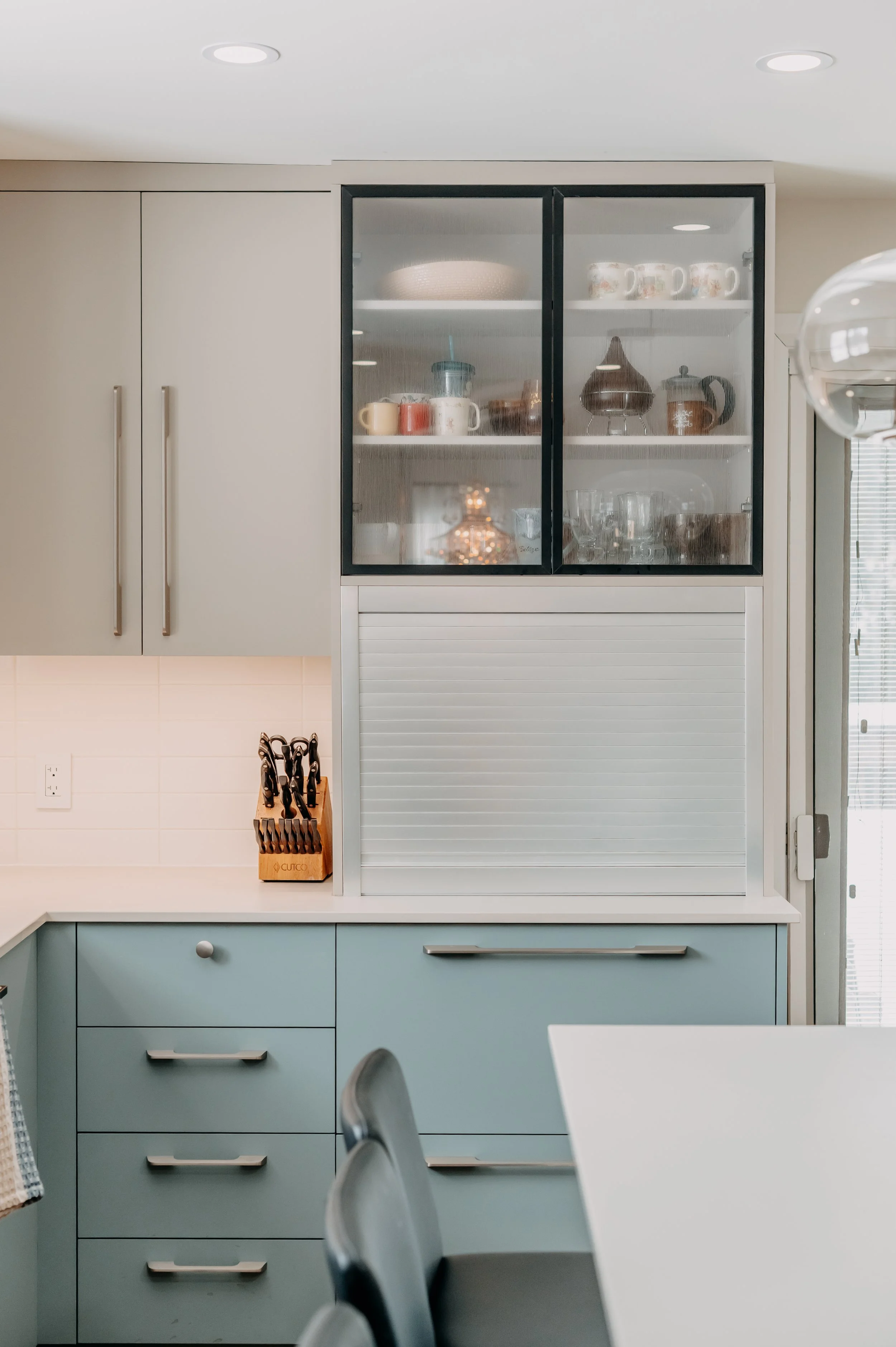 Blue Kitchen Cabinet with mini appliances garage