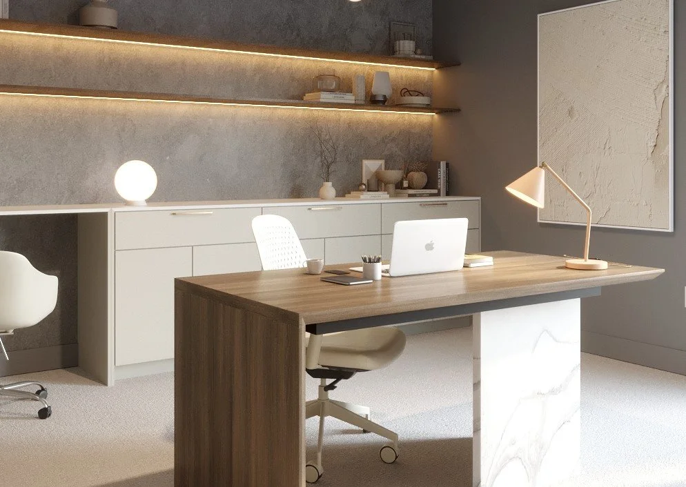 Wood desk with stone base and built-in lit shelving, sophisticated concrete home office design, Île-des-Sœurs Montreal, ABtelier Design