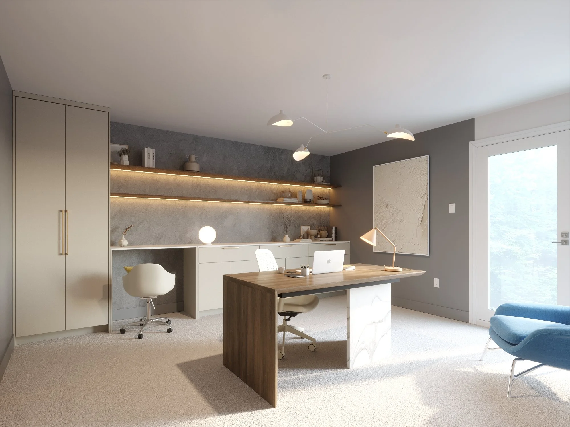 Sophisticated concrete home office with wood desk, marble base and concrete wall finish, Île-des-Sœurs Montreal, ABtelier Design