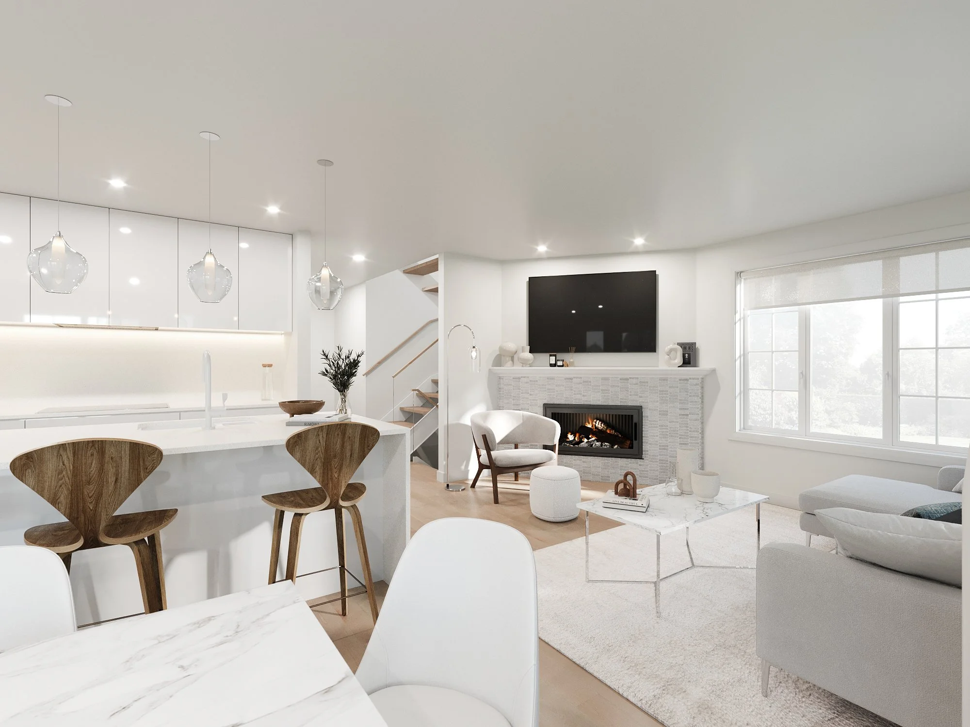 Glossy white kitchen blending into an open living room with fireplace and glass staircase, bright and fluid layout in Montreal.