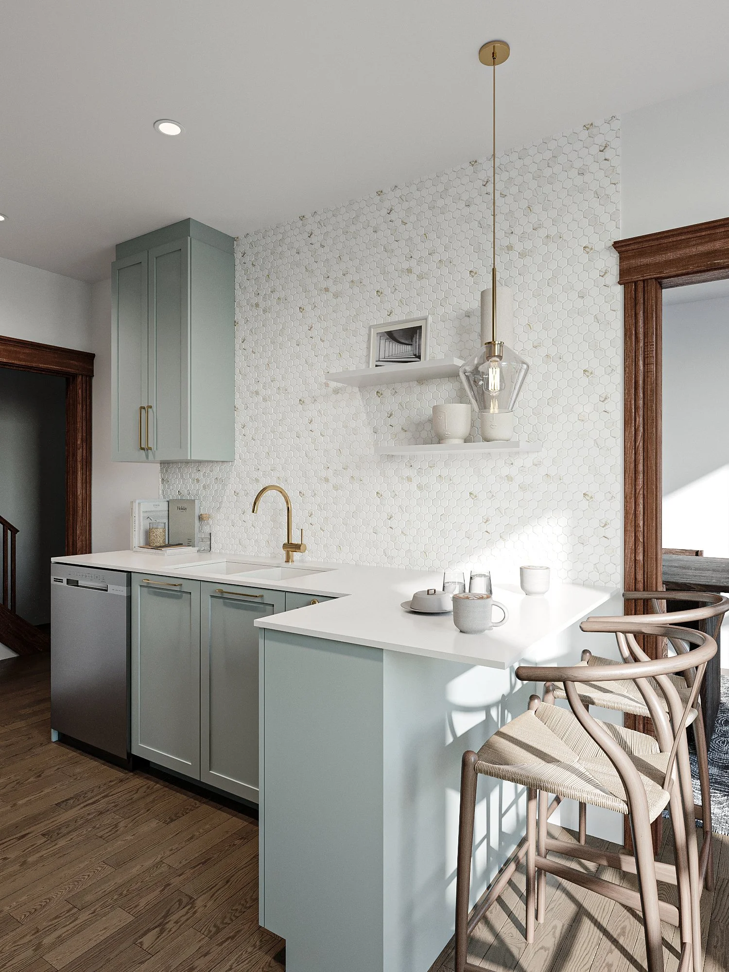 Sage green peninsula with marble hexagon backsplash and brass faucet in a farmhouse kitchen, NDG Montreal