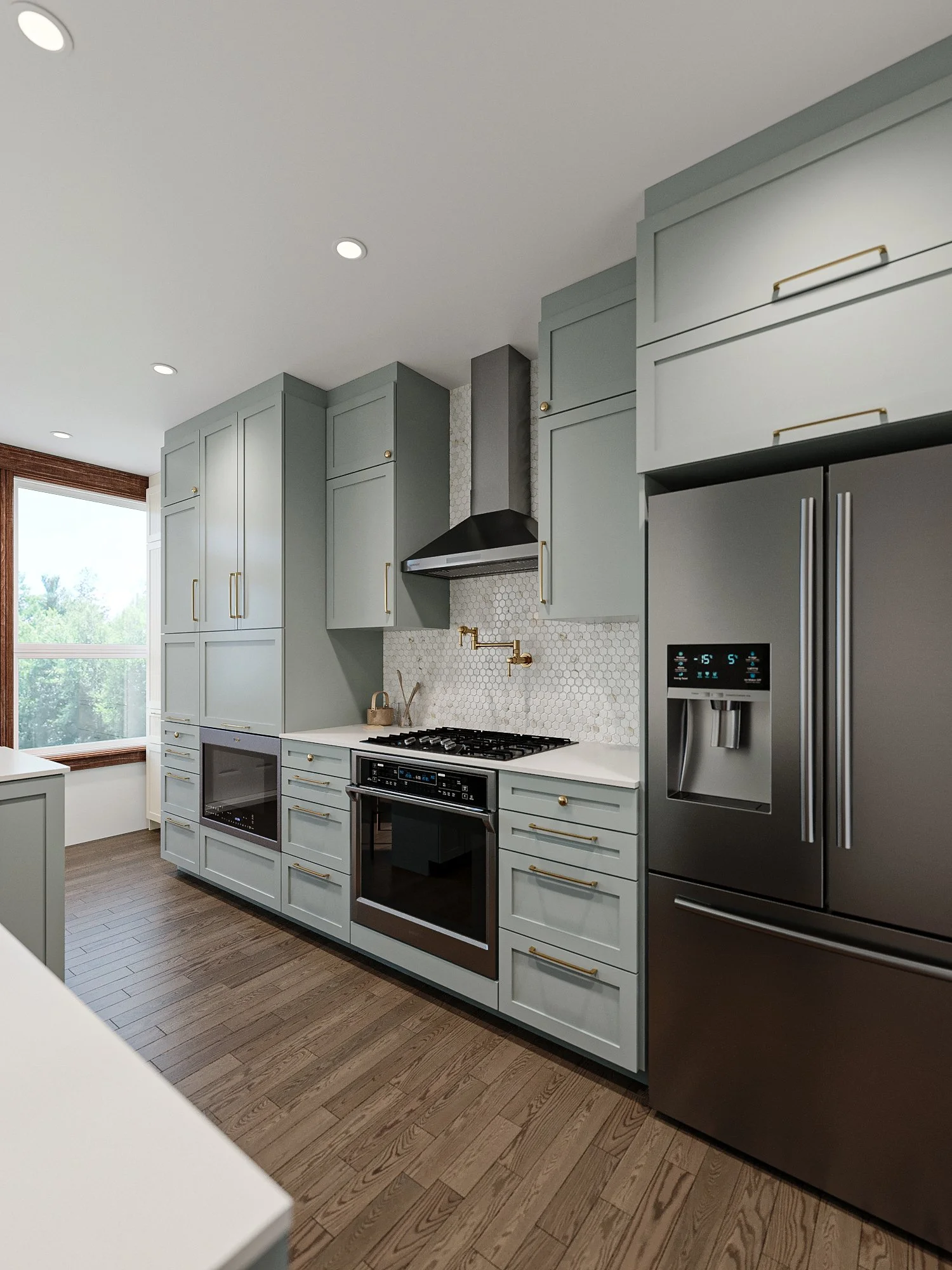 Sage green cabinetry with stainless steel appliances and range hood in a farmhouse kitchen, NDG Montreal