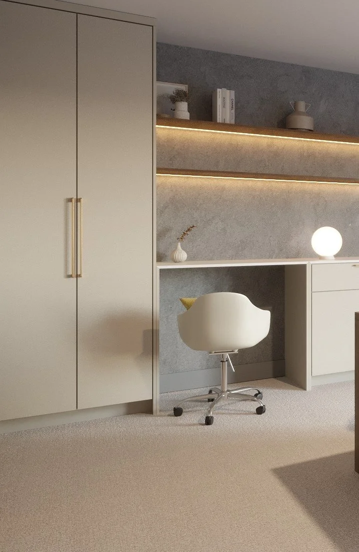 Kids corner desk nook with built-in storage cabinet and brass hardware, sophisticated concrete home office design, Île-des-Sœurs Montreal, ABtelier Design