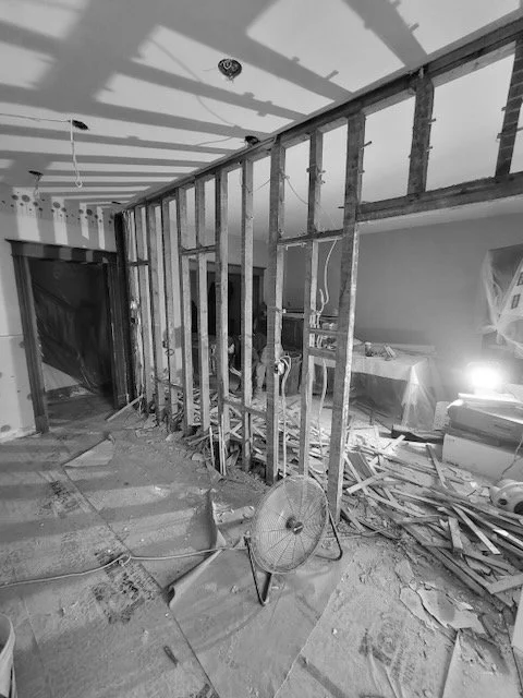 Sage green farmhouse kitchen before and after renovation, demolition phase - Interior design by ABtelier Design, NDG Montreal