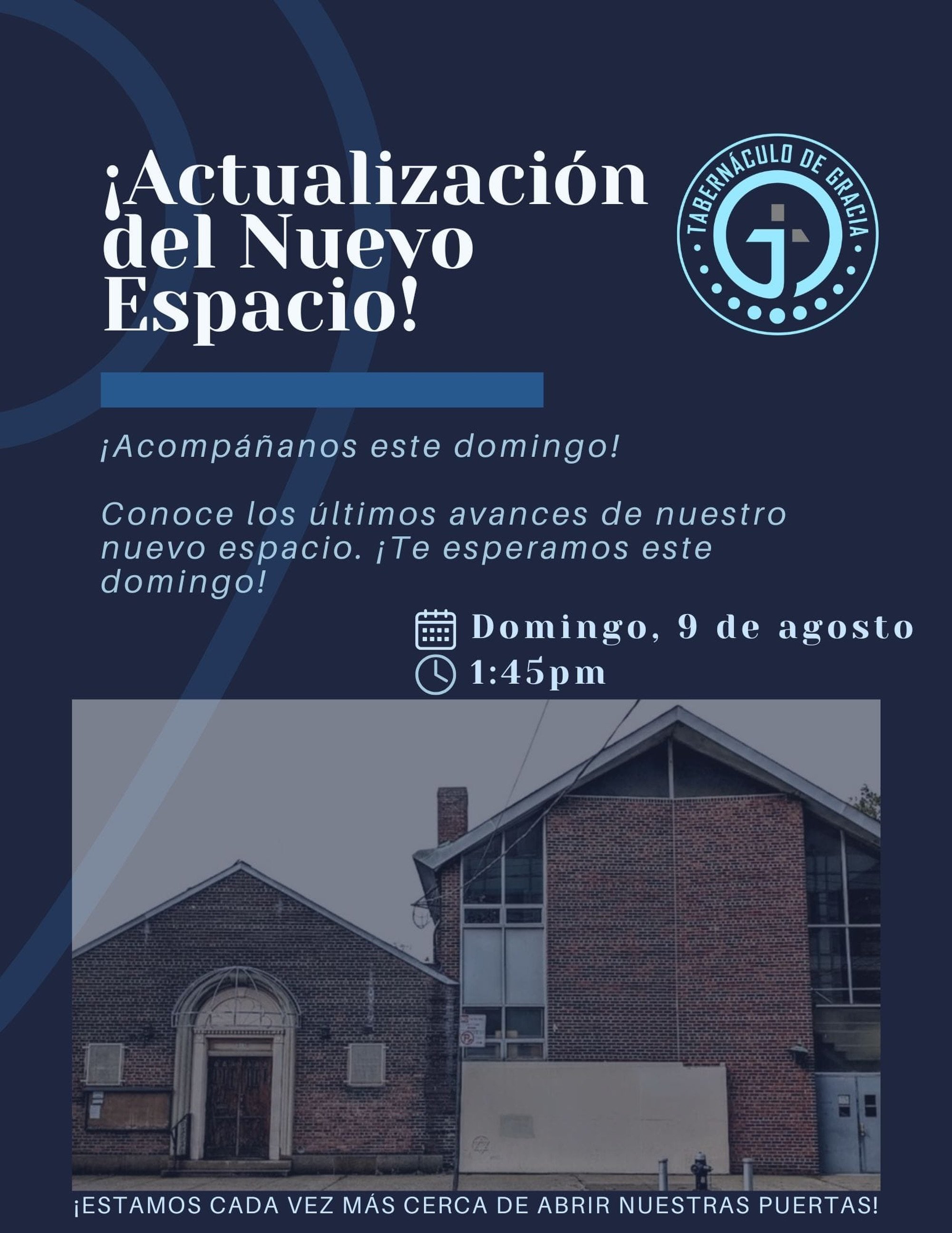 📢 &iexcl;Actualizaci&oacute;n sobre nuestro nuevo espacio!

&iexcl;Cada d&iacute;a estamos m&aacute;s cerca de nuestro nuevo hogar! 🙌🏽

Te invitamos a acompa&ntilde;arnos este domingo durante nuestro servicio, donde compartiremos los &uacute;ltimo