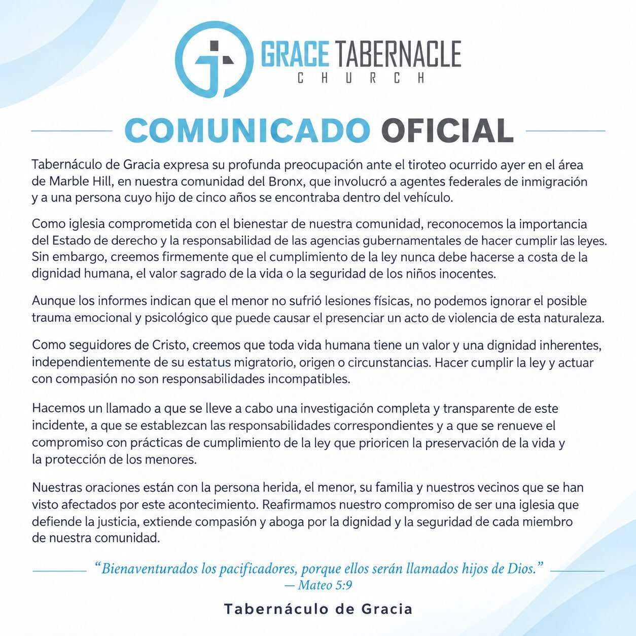 As followers of Christ, we are called to stand for justice, extend compassion, and uphold the God-given dignity of every human life. We continue to pray for our Bronx community.

Como seguidores de Cristo, estamos llamados a defender la justicia, mos