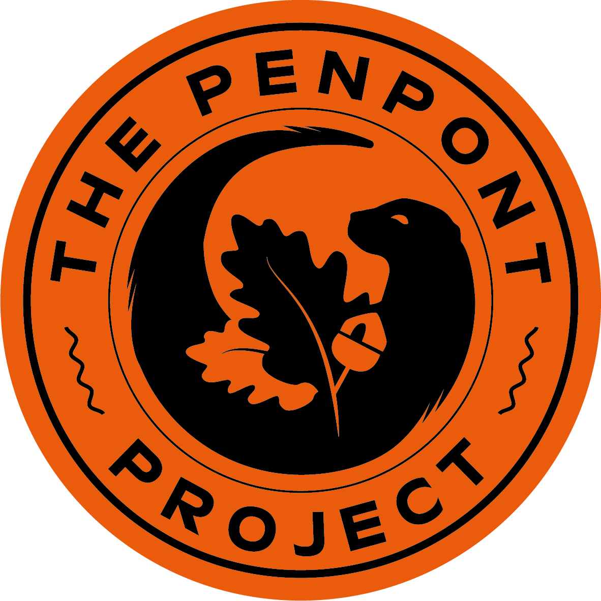 Orange circular Penpont Project logo with black silhouette of an otter and a oak leaf in the middle, surrounded by the text 'The Penpont Project'.