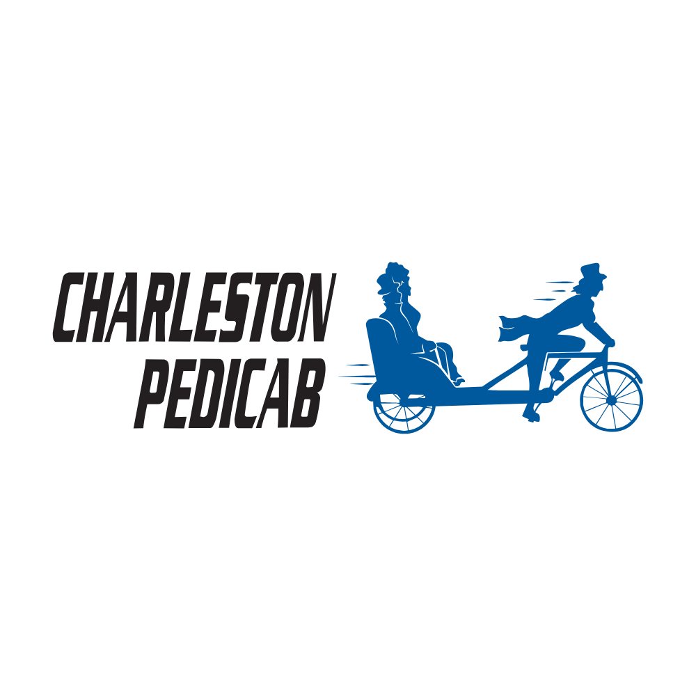 Logo for Charleston Pedicab with text in black and a blue silhouette of a pedicab with two women sitting, one in front riding and the other in back seated.
