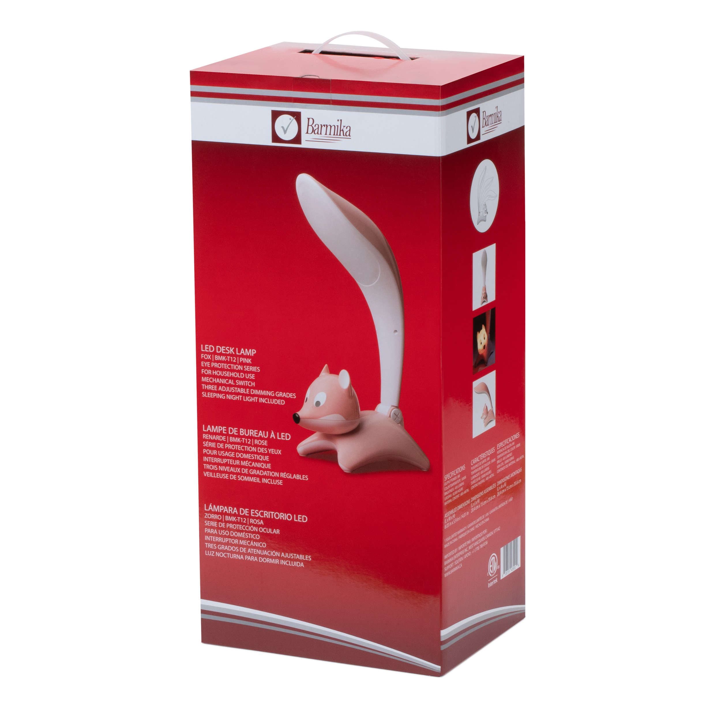 Box of Barmika FOX BMK-T12 LED kids desk lamp's eye protection feature for comfortable lighting in home or study.