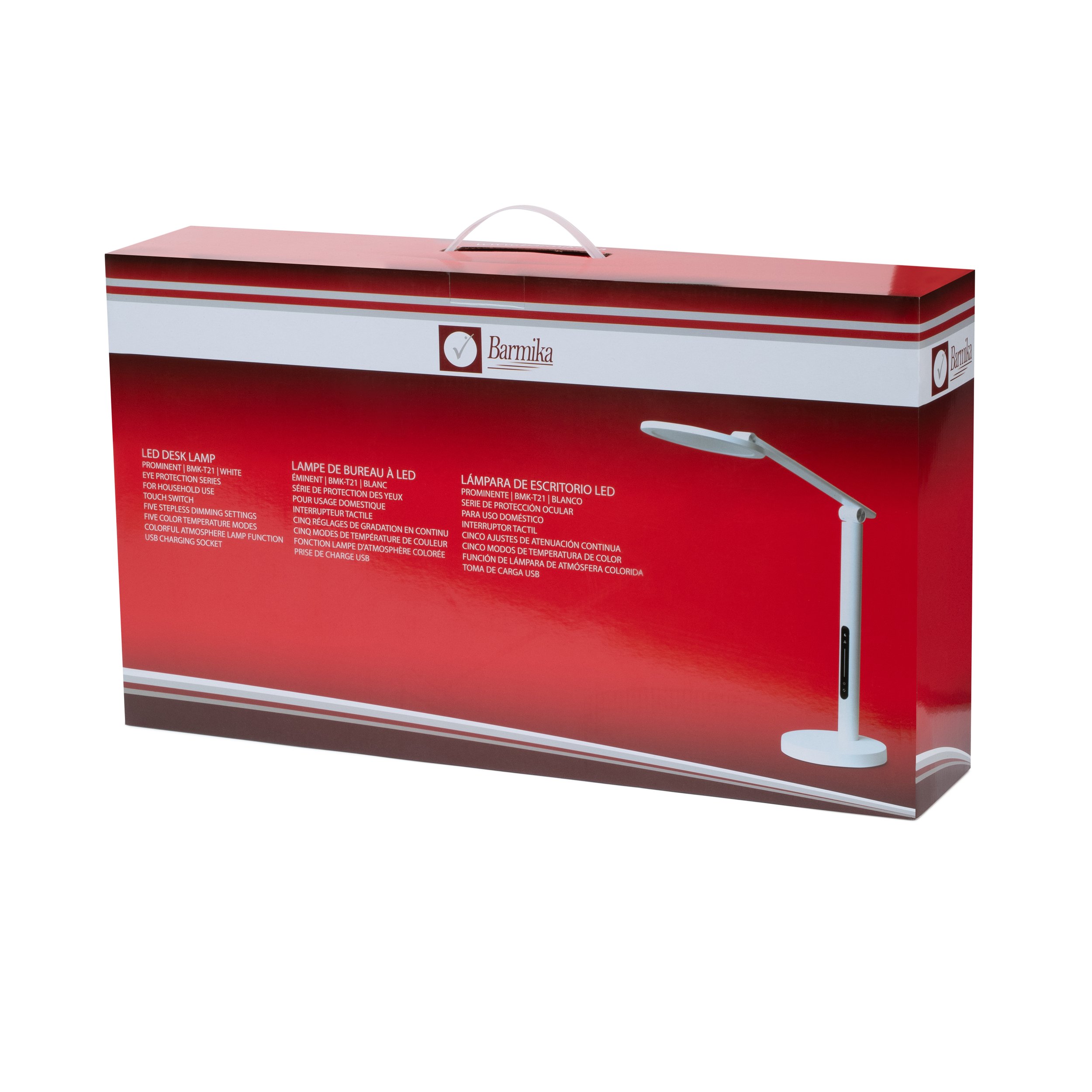 Box of Barmika PROMINENT , BMK-T21 LED desk lamp in white, featuring eye protection and sleek design for home, study, or office.