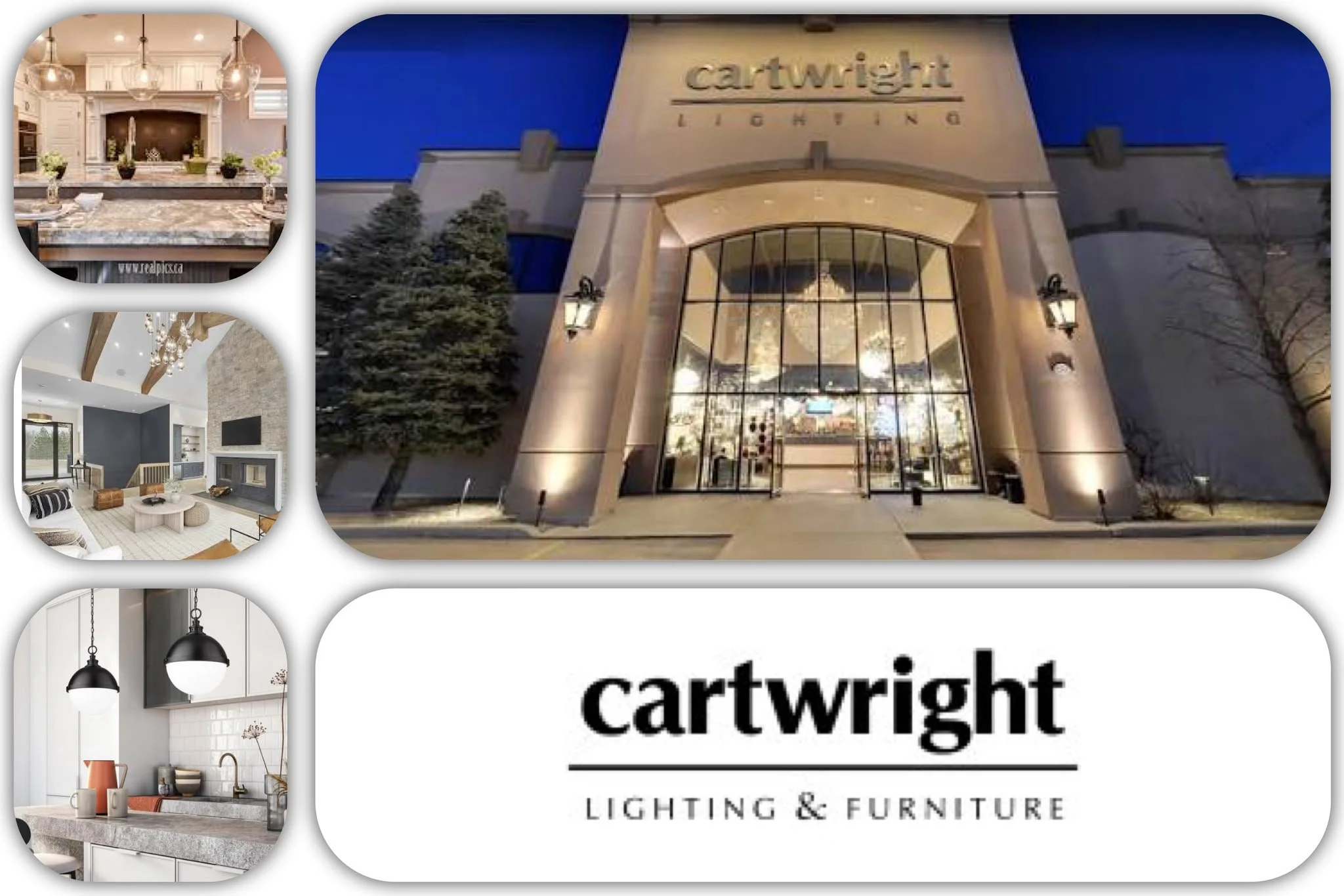 Cartwright Lighting & Furniture showroom in Calgary, AB, offering Barmika LED lamps, chandeliers, pendant lights, and furniture.