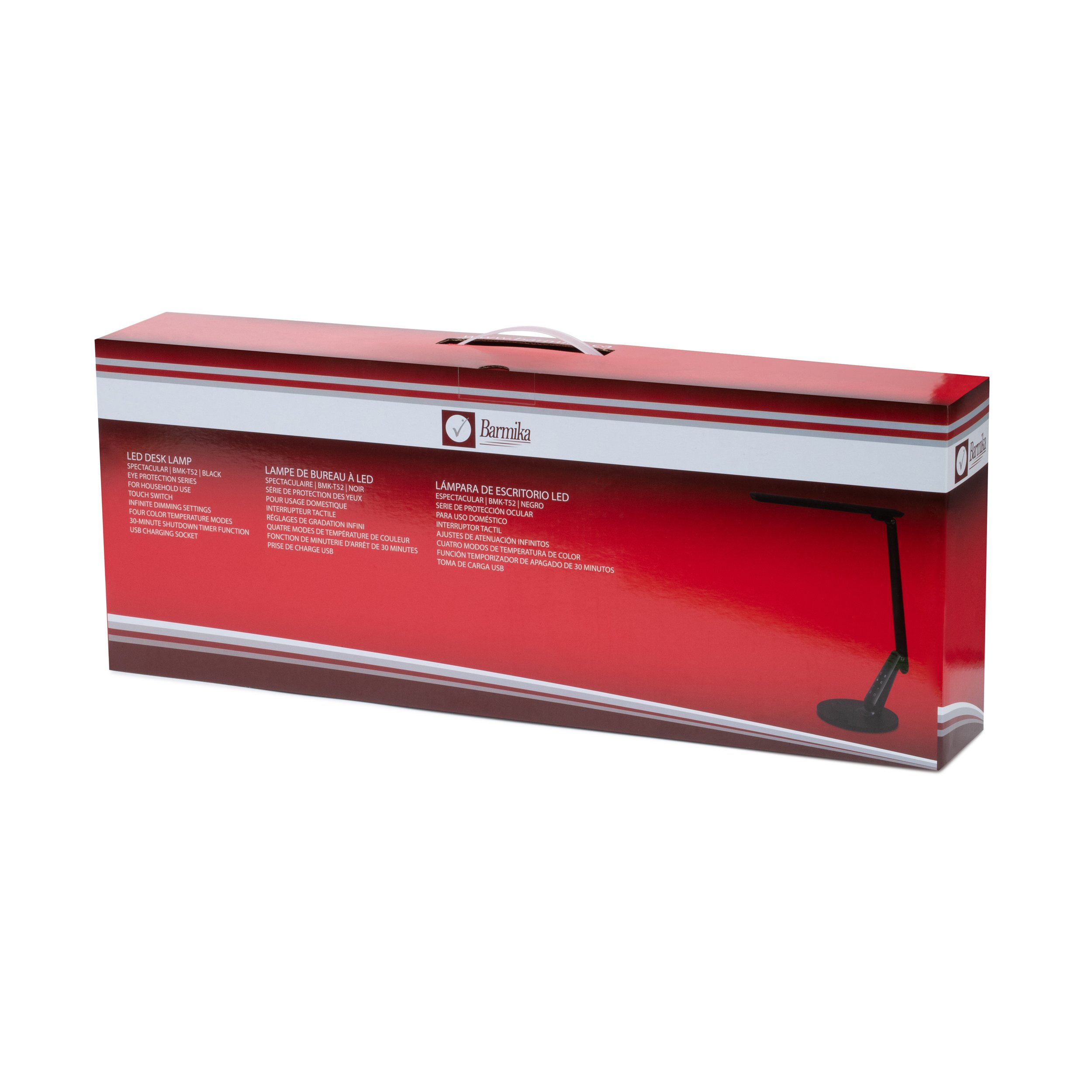 Box of Barmika SPECTACULAR BMK-T52 LED desk lamp's eye protection feature for comfortable lighting in home, study, or office.