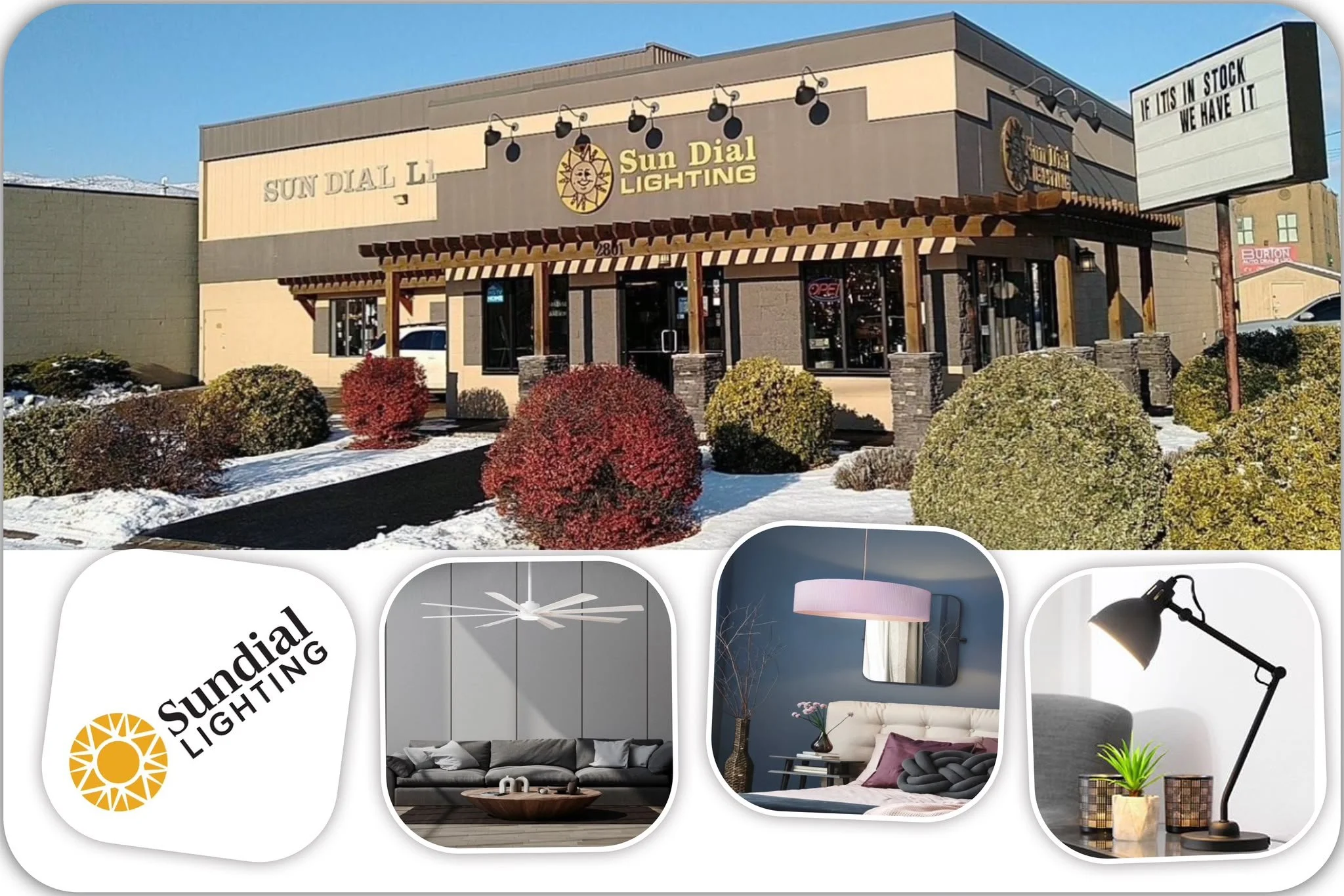 Sundial Lighting showroom in Vernon, BC, offering Barmika LED lamps, ceiling fans, pendant lights, and decorative lighting.