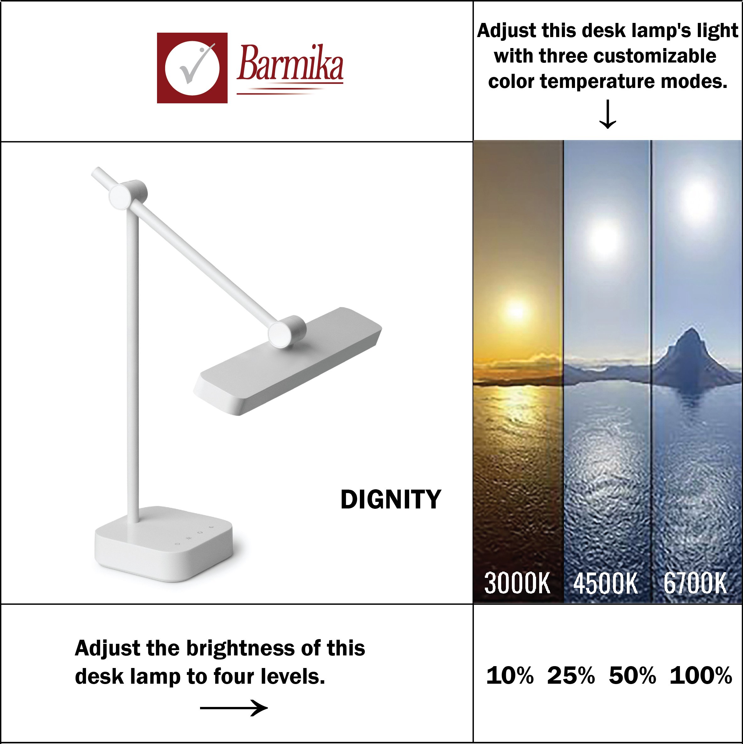 Barmika DIGNITY LED desk lamp with a minimalist design, featuring four brightness levels and three customizable color temperature modes