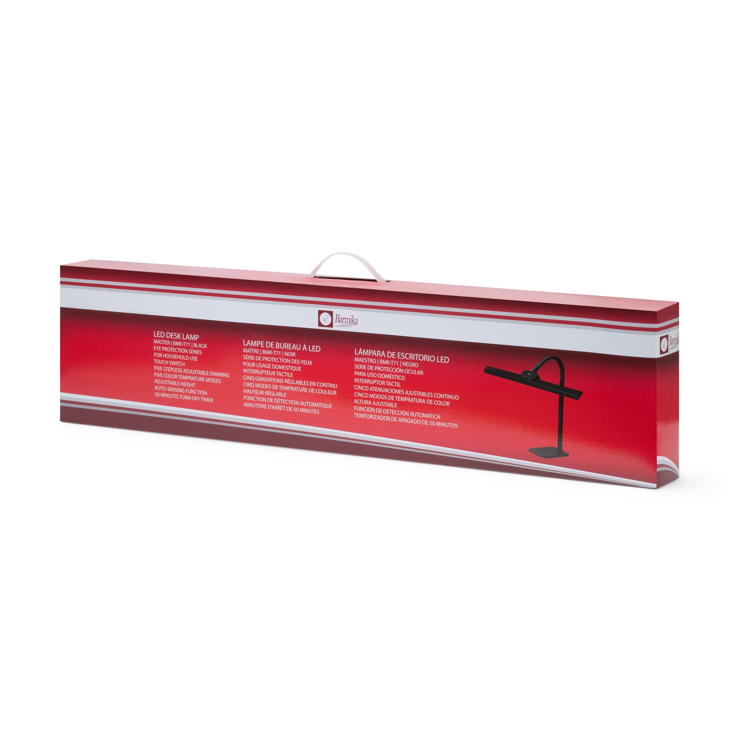 Box of Barmika MASTER , BMK-T71 LED desk lamp in black, featuring eye protection and adjustable height for home, study, or office.