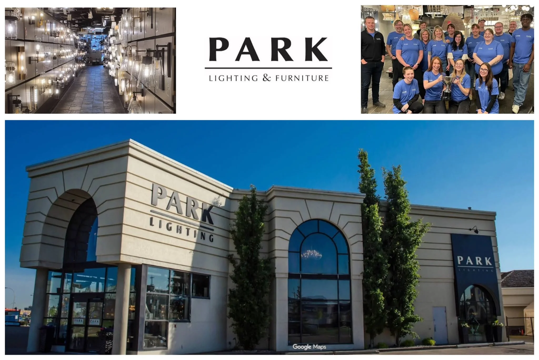 Park Lighting & Furniture showroom in Edmonton, AB, offering Barmika LED lamps, chandeliers, decorative lighting, and furniture.