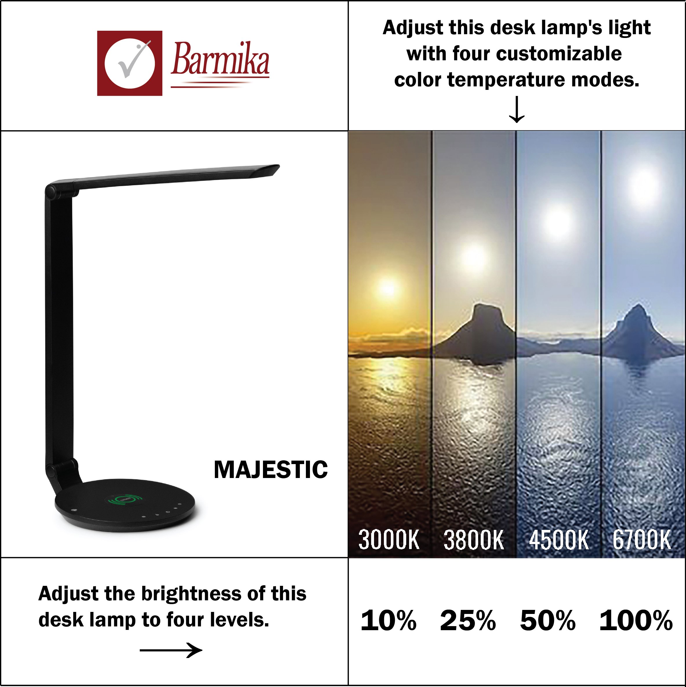 Barmika MAJESTIC LED desk lamp with sleek design, featuring four brightness levels and four customizable color temperature modes