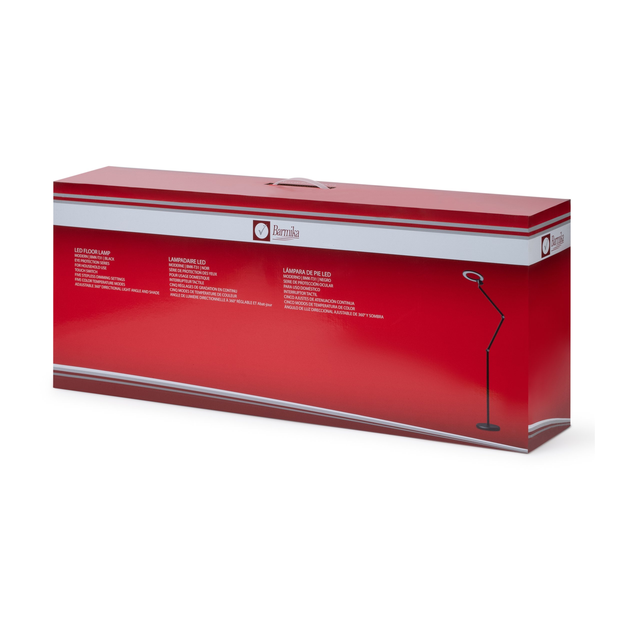 Box of Barmika MODERN BMK-T31 LED floor lamp's eye protection feature for comfortable lighting in home, study, or office.