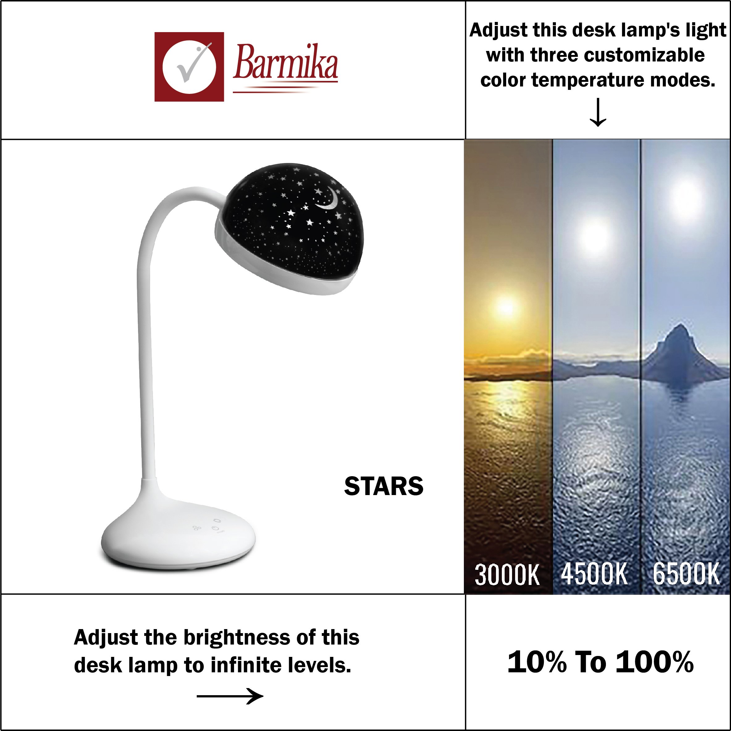 Barmika STARS LED desk lamp with starry night design, featuring infinite brightness levels and three customizable color temperature modes