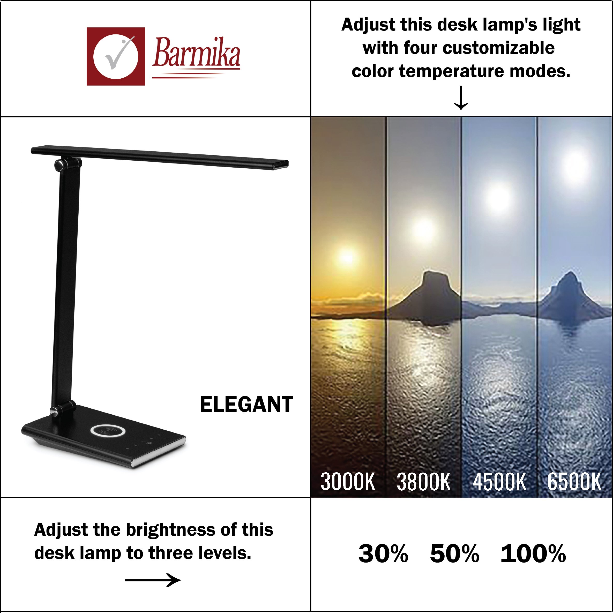 Barmika ELEGANT LED desk lamp with sleek design, featuring three brightness levels and four customizable color temperature modes