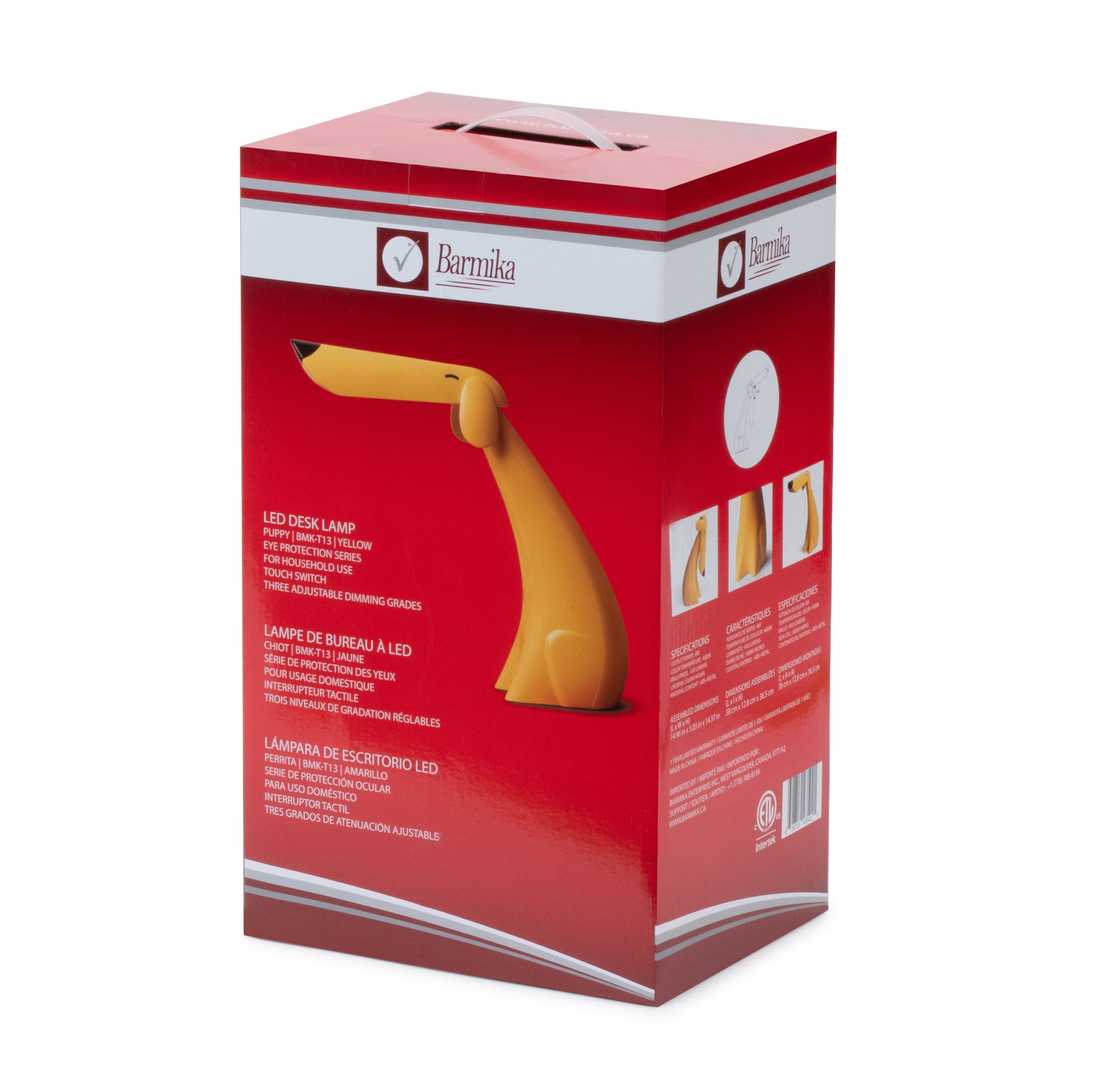 Box of Barmika PUPPY BMK-T13 LED kids desk lamp's eye protection feature for comfortable lighting in home or study.