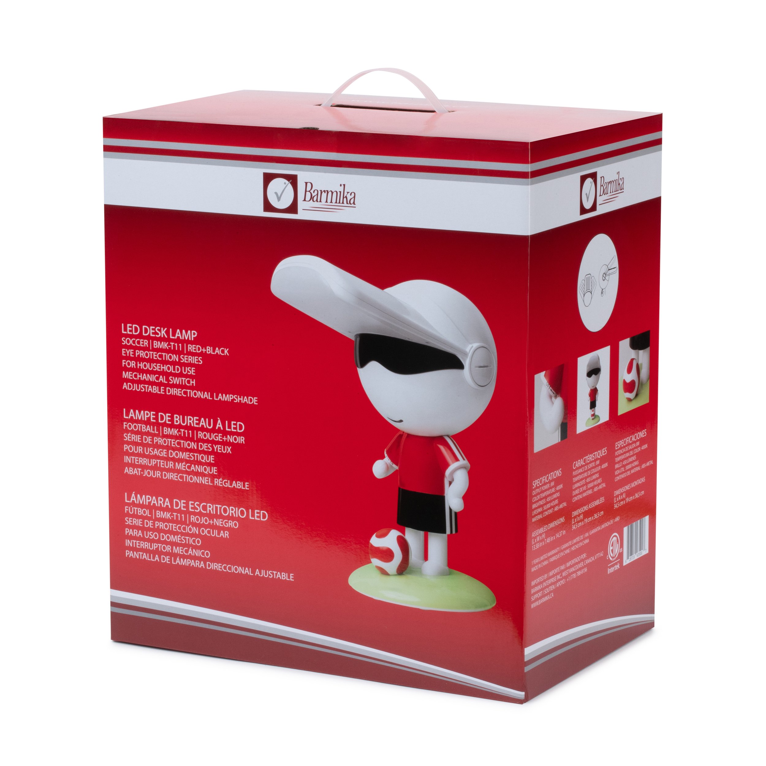 Box of Barmika SOCCER BMK-T11 LED kids desk lamp's eye protection feature for comfortable lighting in home or study.