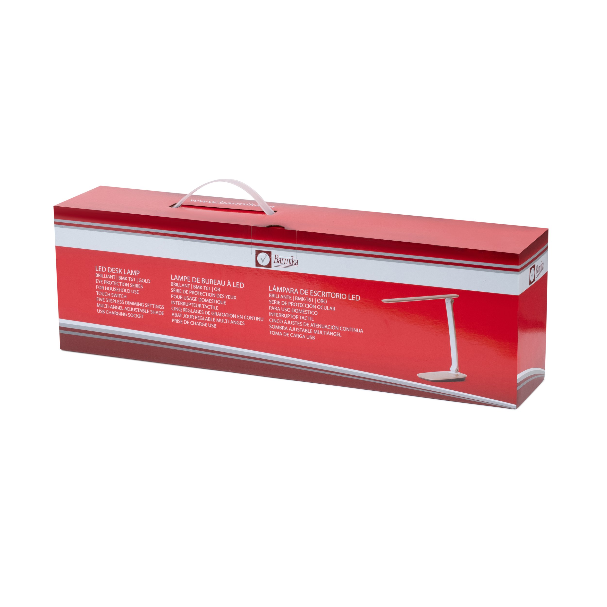 Box of Barmika BRILLIANT BMK-T61 LED desk lamp's eye protection feature for comfortable lighting in home, study, or office.