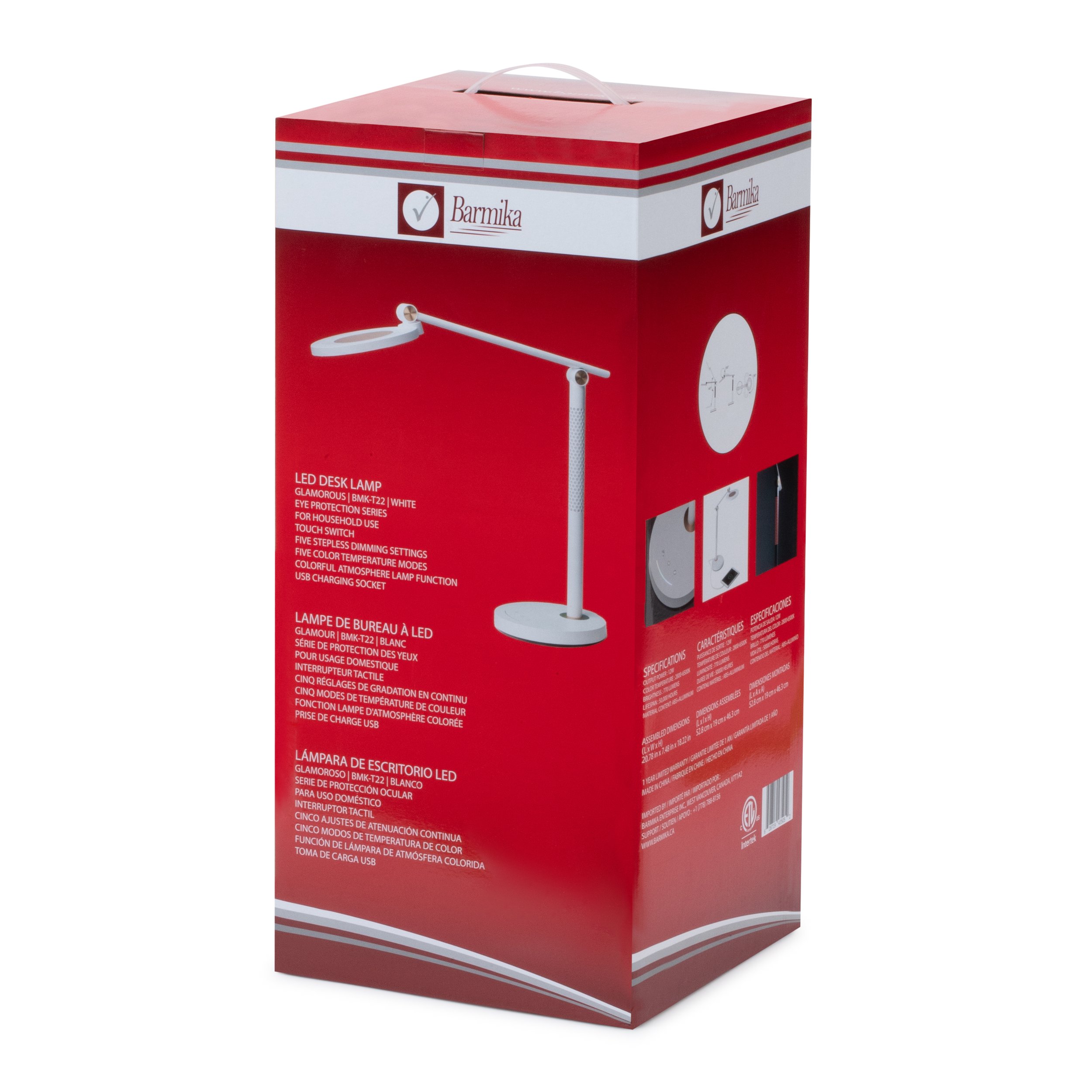 Box of Barmika GLAMOROUSn , BMK-T22 LED desk lamp in white, featuring eye protection and a stylish design for home, study, or office.