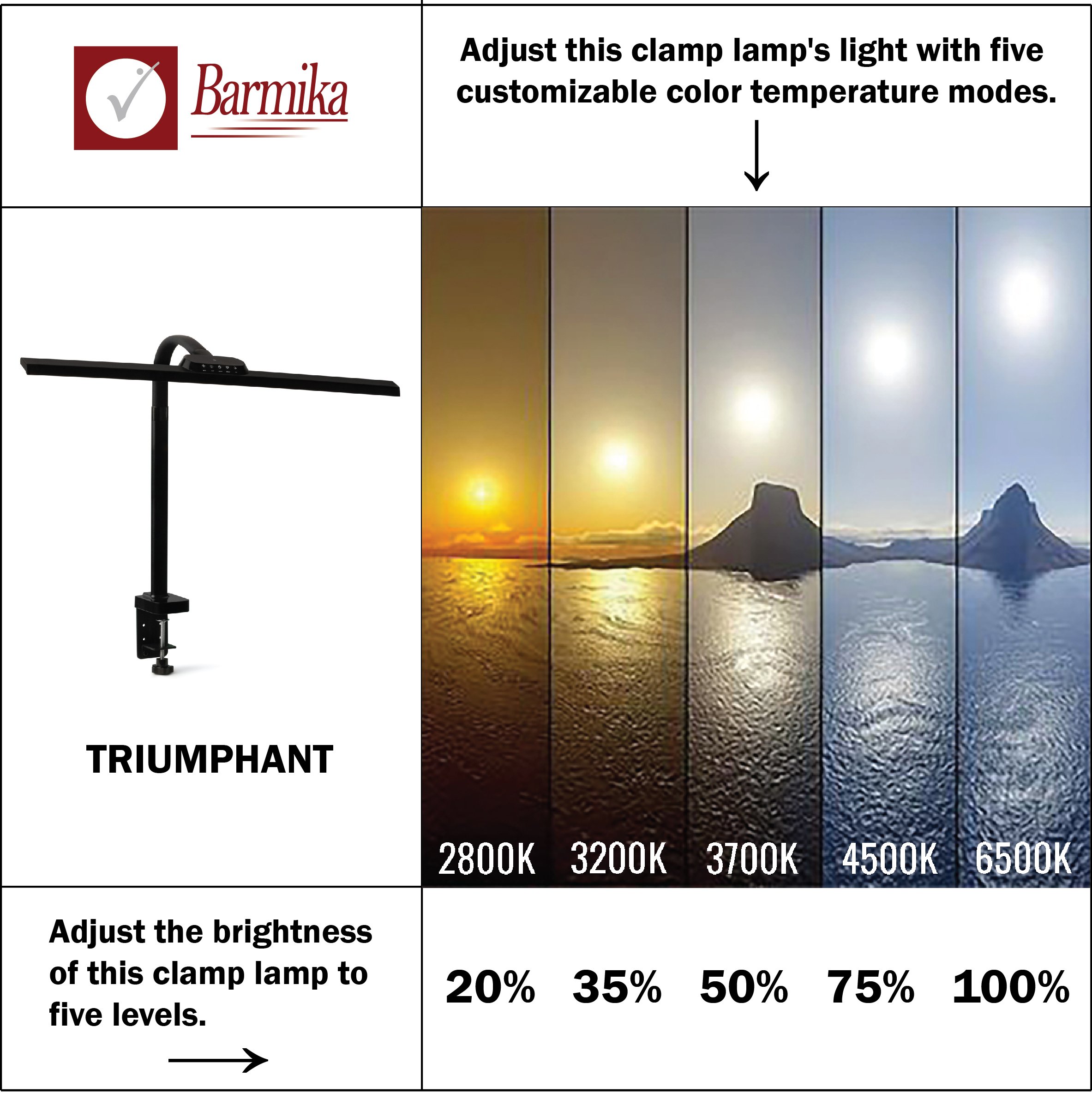 Barmika TRIUMPHANT LED clamp lamp with five color temperatures and five brightness levels for versatile lighting
