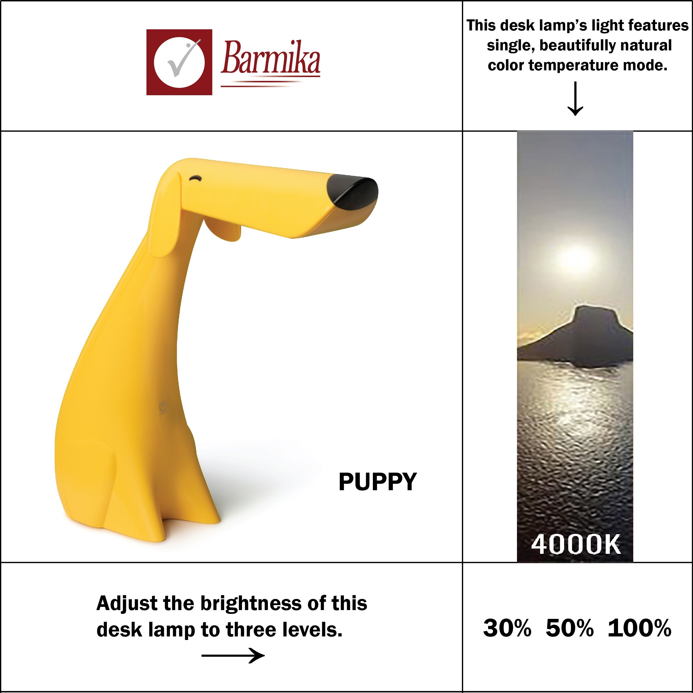 Barmika PUPPY LED desk lamp in a playful puppy design, featuring three brightness levels and a natural color temperature mode