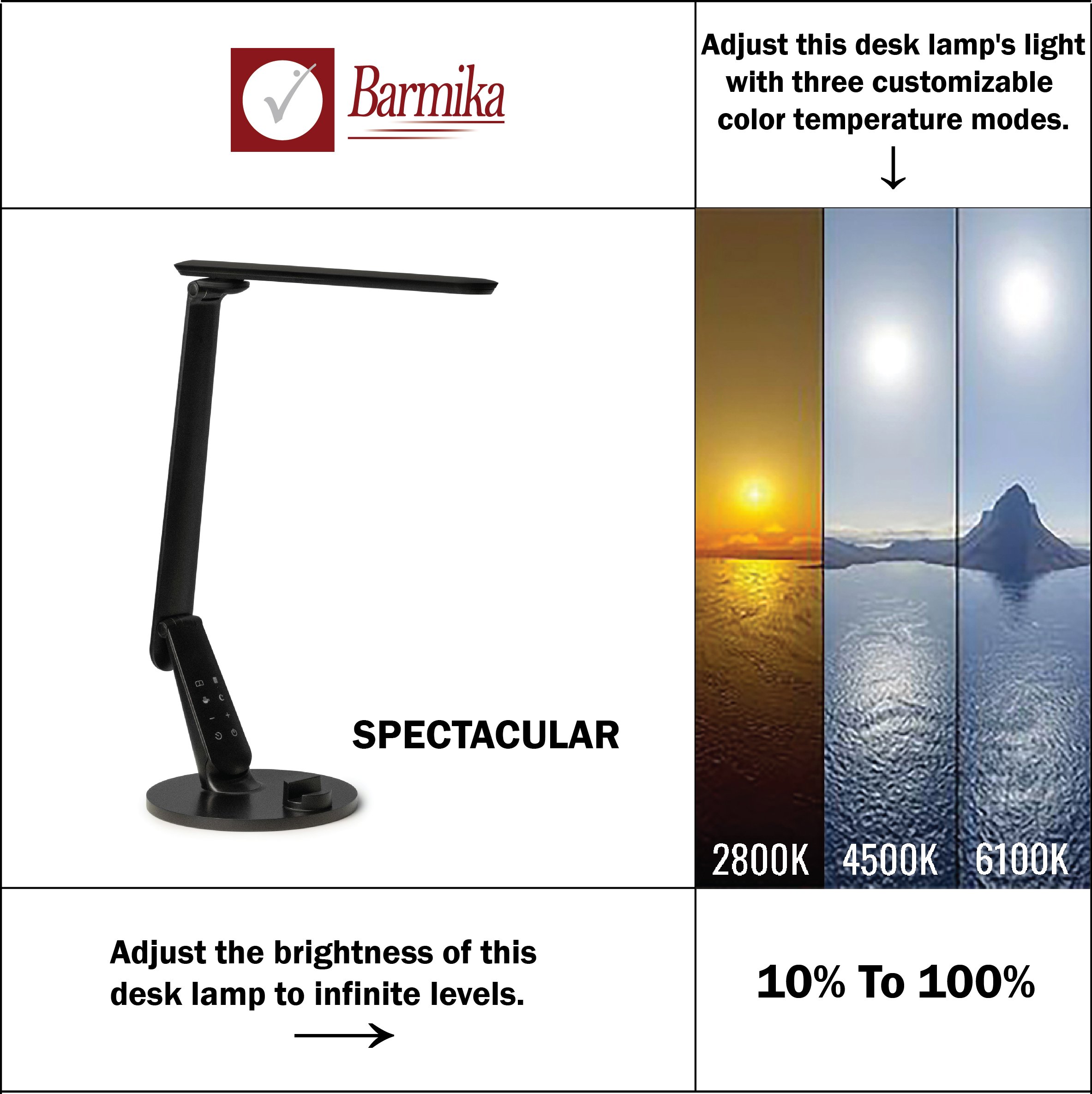 Barmika SPECTACULAR LED desk lamp with modern design, featuring infinite brightness levels and three customizable color temperature modes