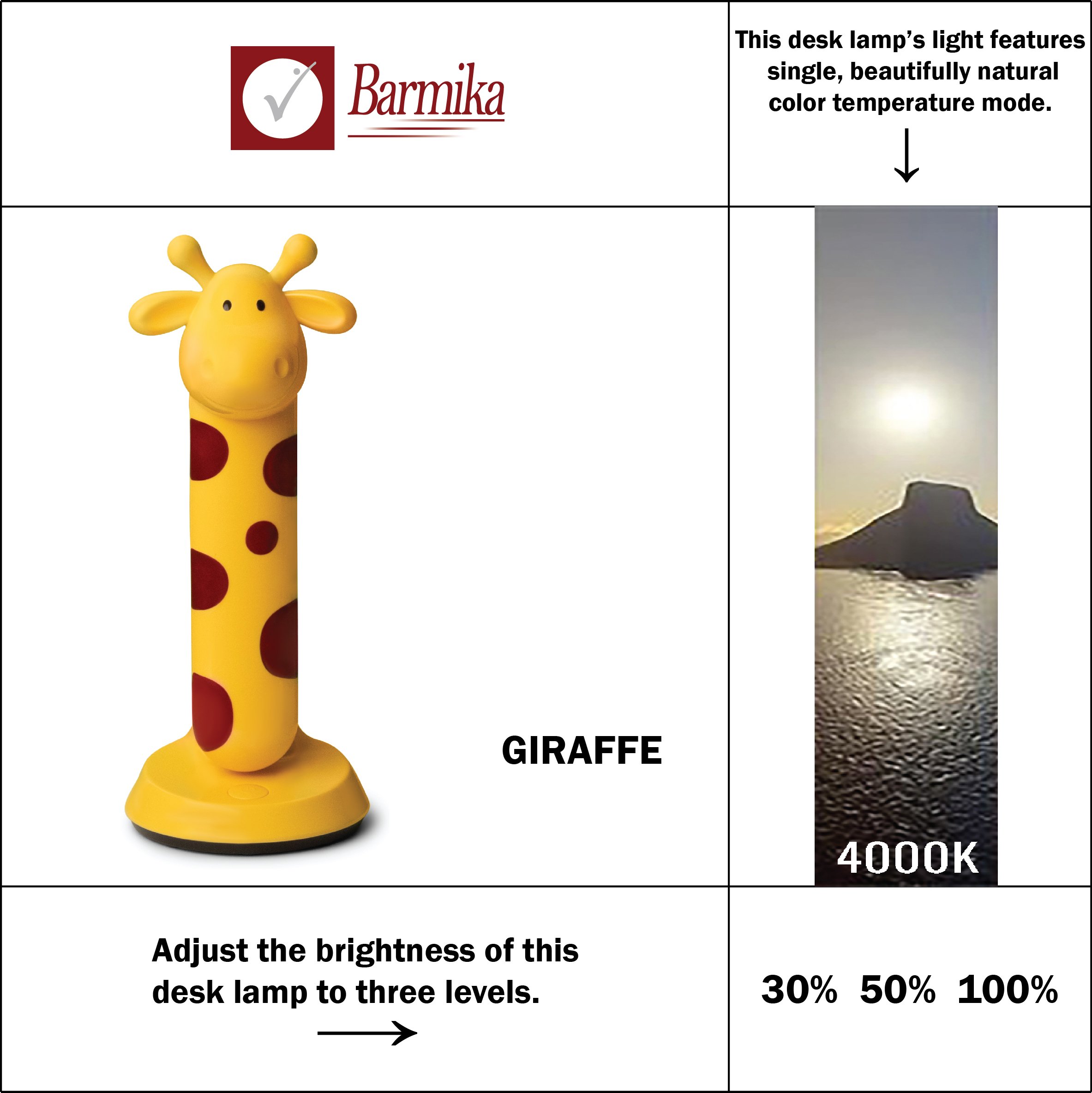 Barmika GIRAFFE LED desk lamp in a playful giraffe design, featuring three adjustable brightness levels and natural color temperature mode