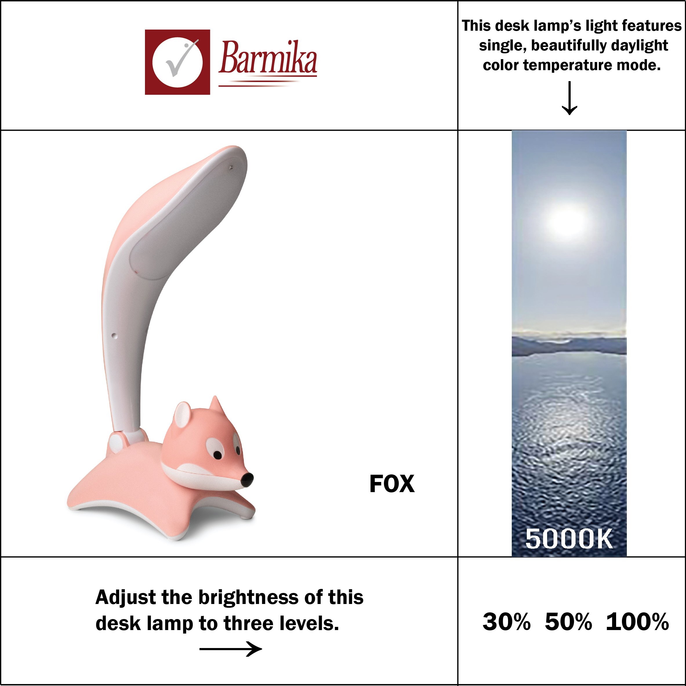 Barmika FOX LED desk lamp in a cute fox design, featuring three adjustable brightness levels and daylight color temperature mode
