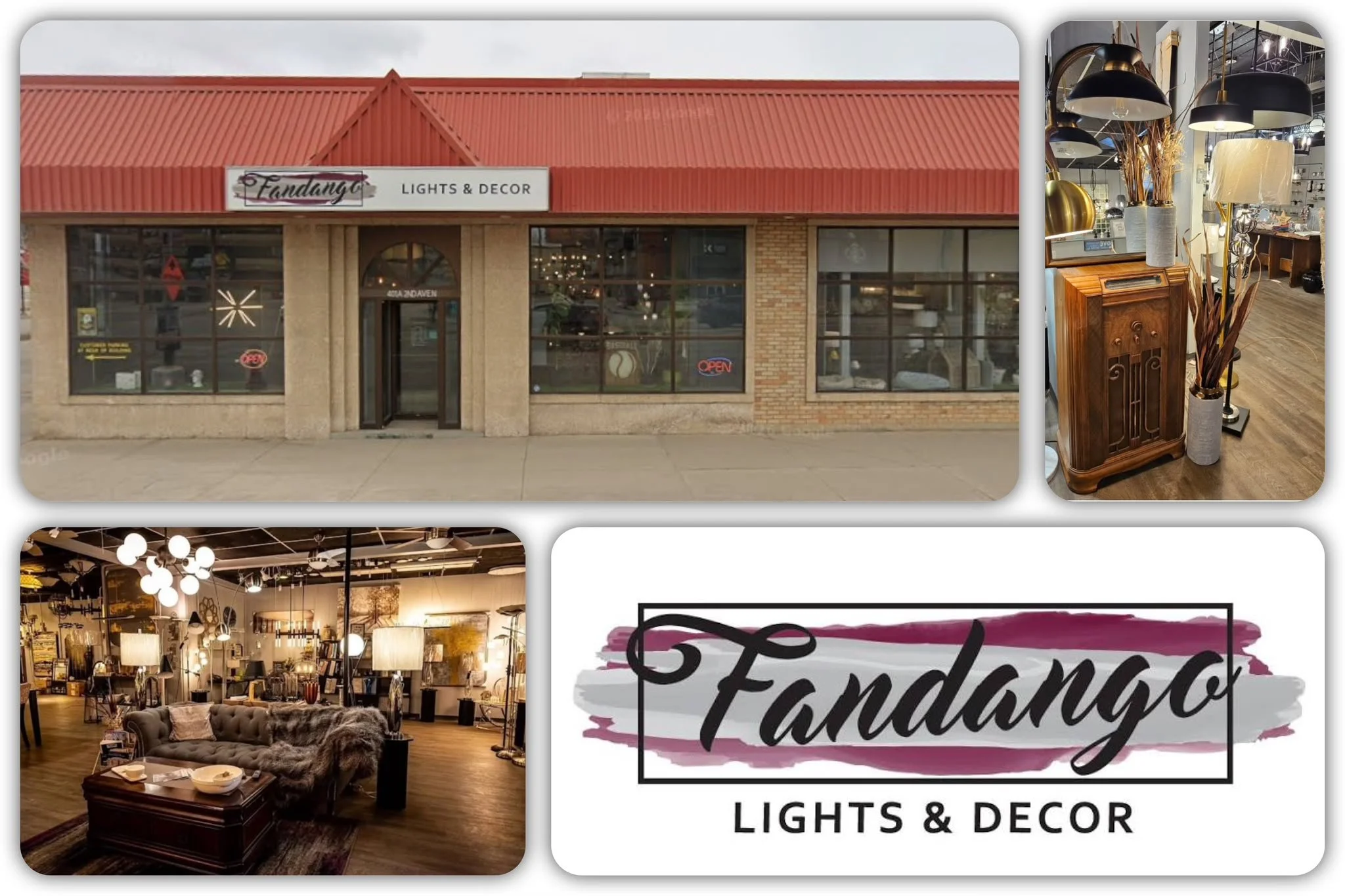 Fandango Lights & Décor showroom in Saskatoon, SK, offering Barmika LED lamps and decorative lighting.